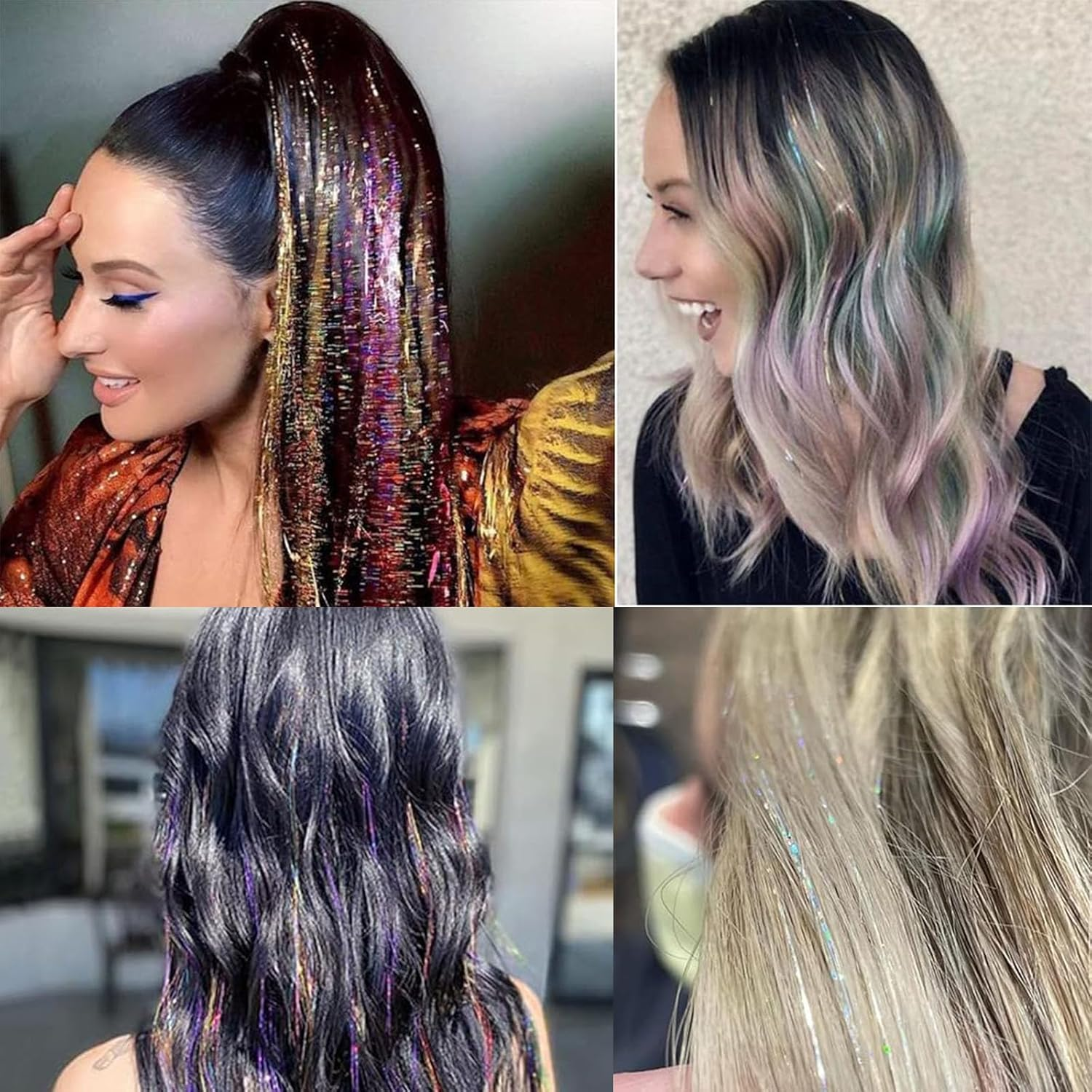 Hair Tinsel Strands Kit with Tools, 90Cm 12 Colors 2400 Strands Sparkling Party Tinsel Hair Extensions Highlights Multi-Colors Synthetic Hair Streak Bling for Women Girls image number 3