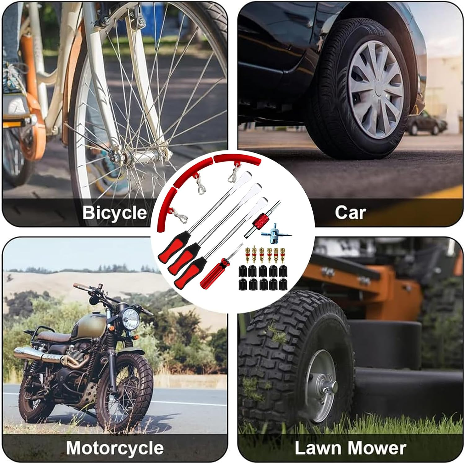 Steel Tire Spoons Tool Set, 25 Pcs Motorcycle Professional Tire Changing Kit with 3 Tire Spoons, 6 Valve Cores, 2 Wrenches, 3 Rim Cover, 10 Valve Caps, 1 Removal Tool for Tires Changing