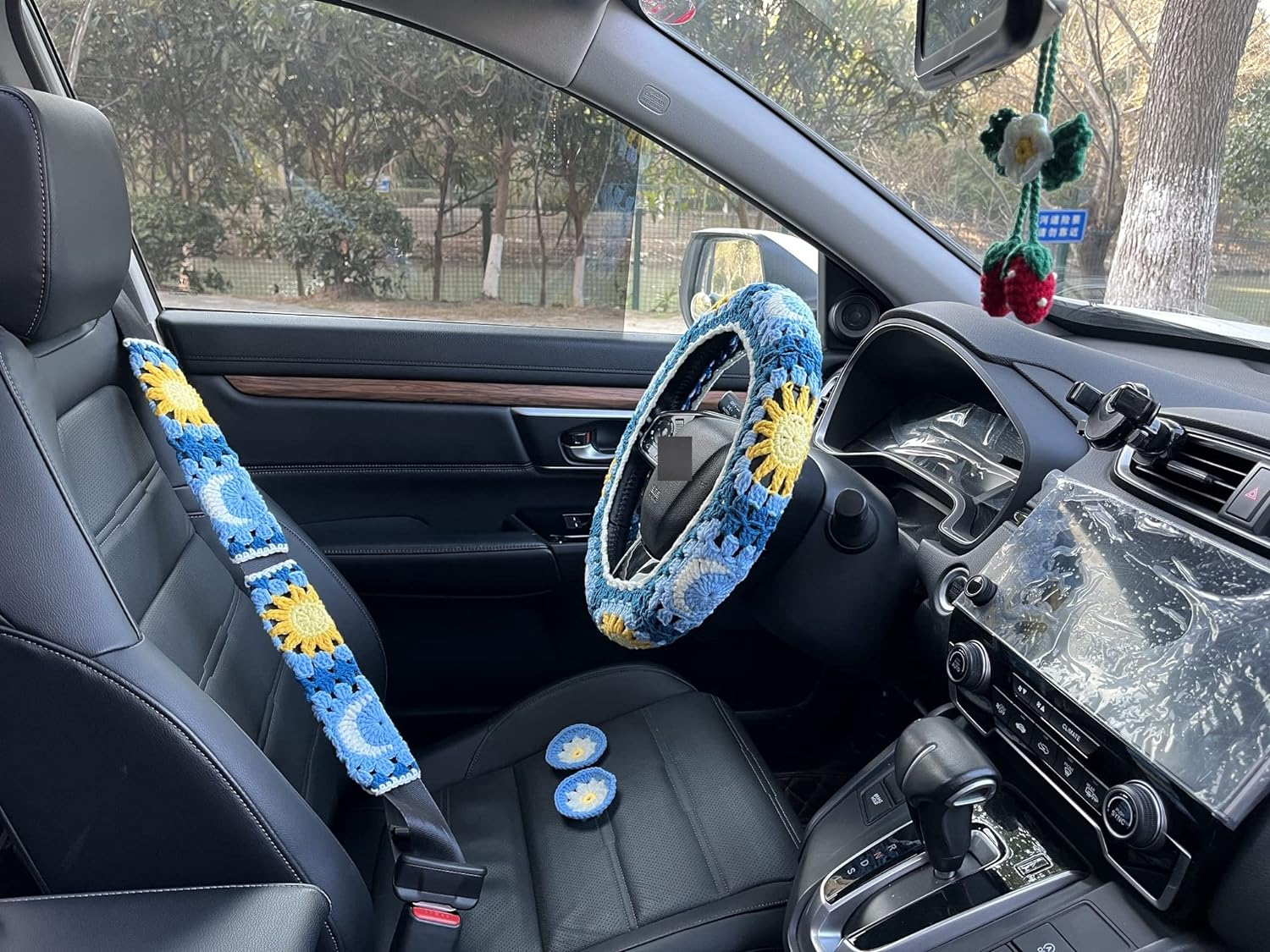 Handmade Crochet Sun and Moon Car Steering Wheel Covers Universal 14-15 Inch for Women and Men (Steering Wheel Cover) image number 4