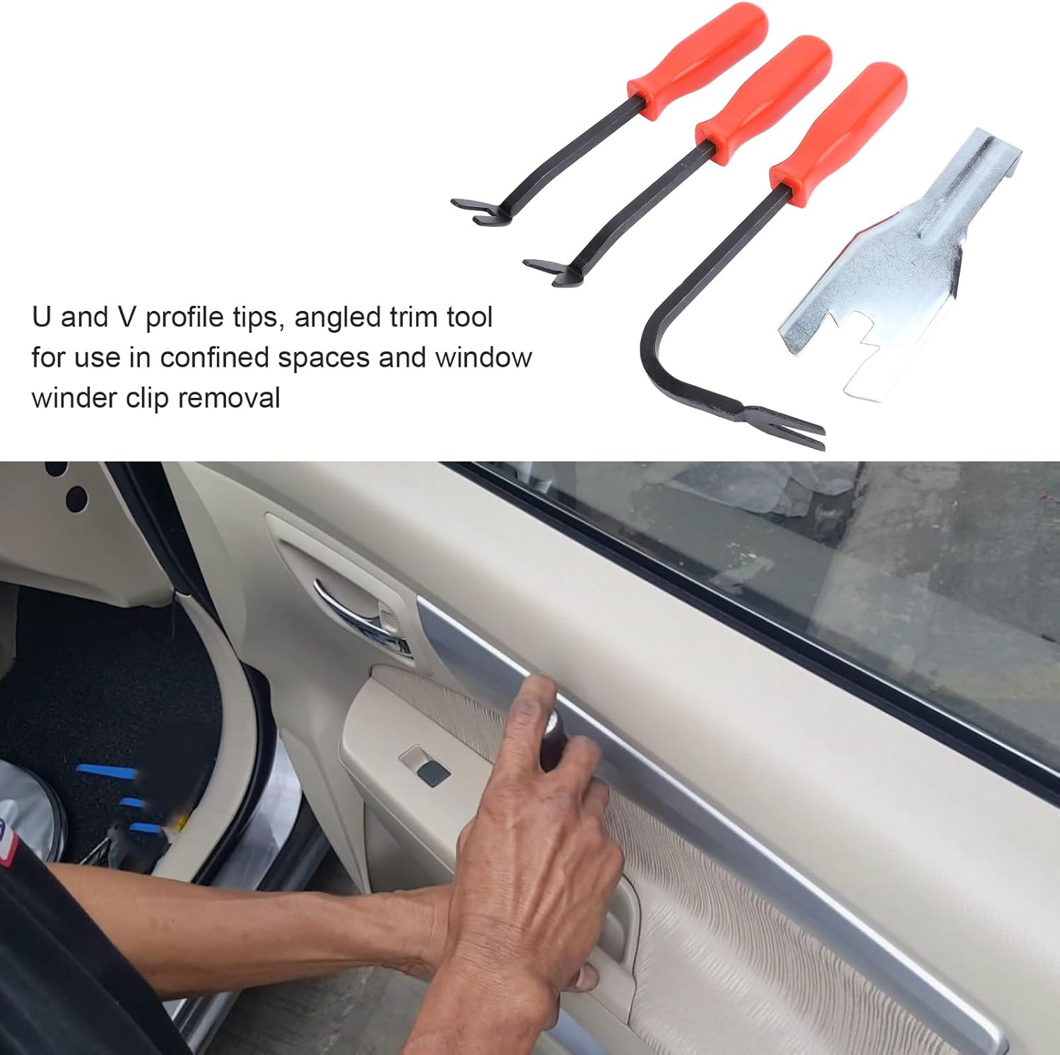 Car Door Panel Remover Set, Metal Auto Trim Rivet Pry Disassembly Repairing Tool with Window Handle Clip Remover, 4 Pcs Trim Removal Tools image number 2