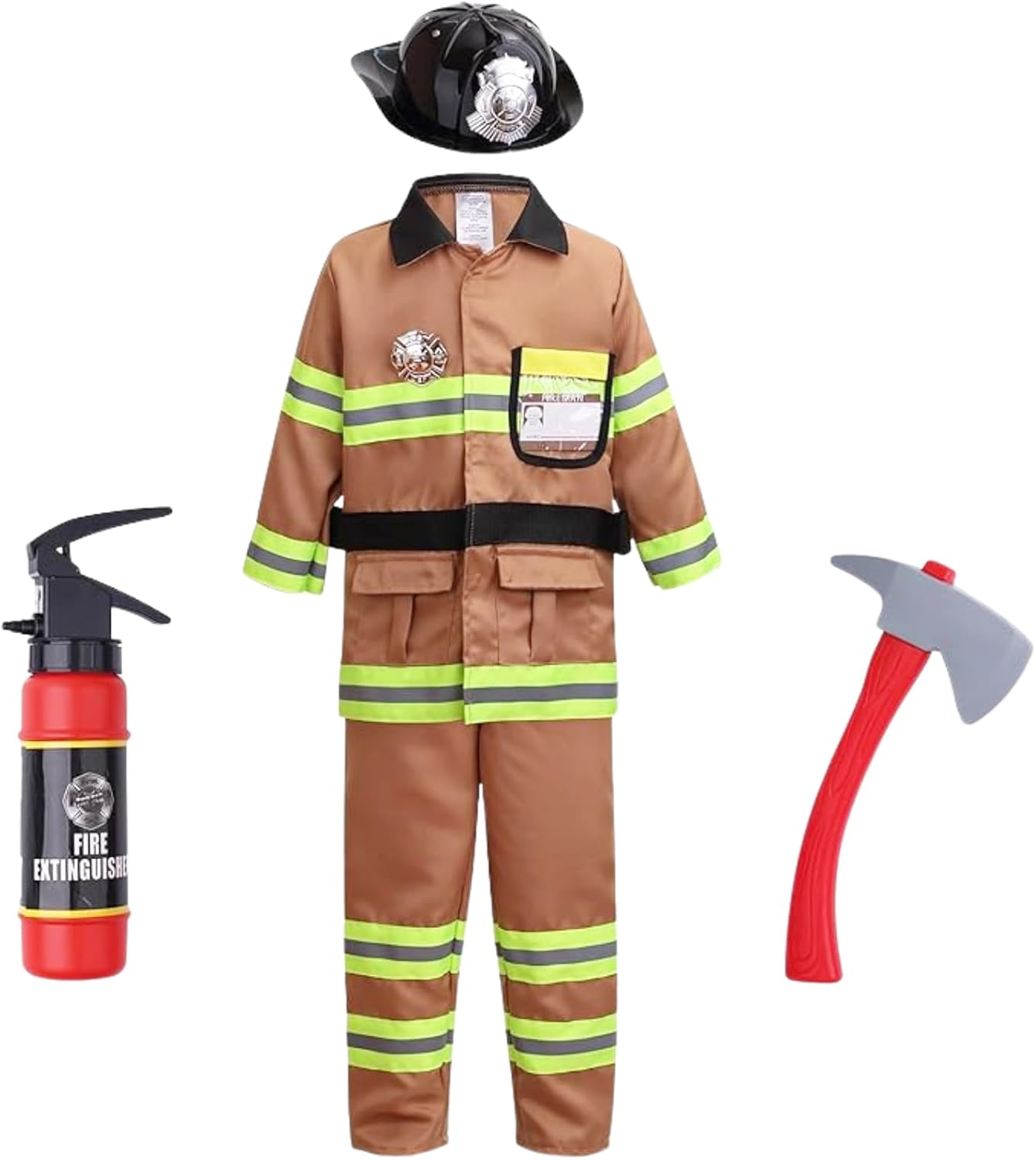 Tan Fireman Costume for Kids, Boys' and Girls' Firefighter Dress up (7 Pcs) image number 6