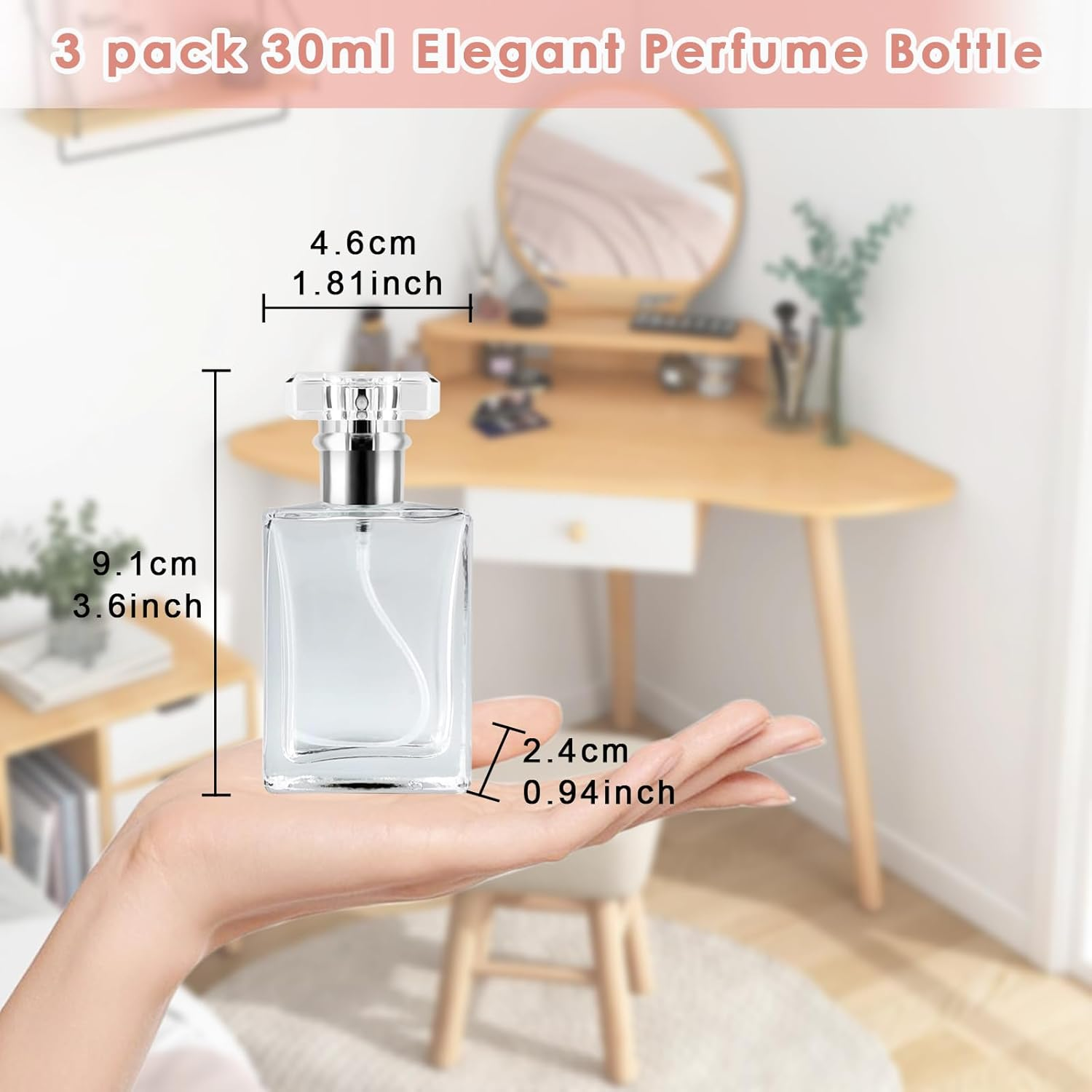 XUSSMM Pack of 3 Refillable Perfume Atomisers, 30 Ml Empty Perfume Bottle with 3-Colour Rectangular Lid, Portable Spray Bottle with Practical Accessories for Perfume, Travel, Cosmetics (30 Ml) image number 2