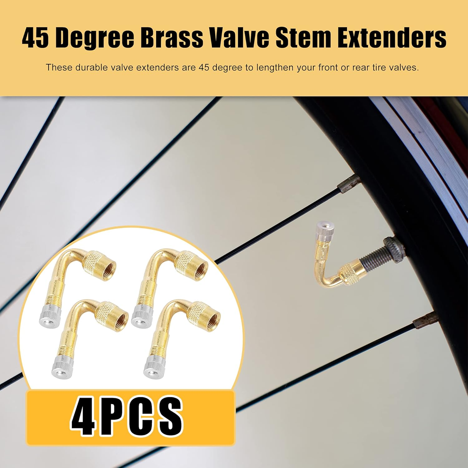 X AUTOHAUX 4Pcs Metal 45 Degree Valve Stem Vacuum Tyre Valve Stem Extension Extenders Adapter for Car Motorcycle Gold Tone Metal image number 3