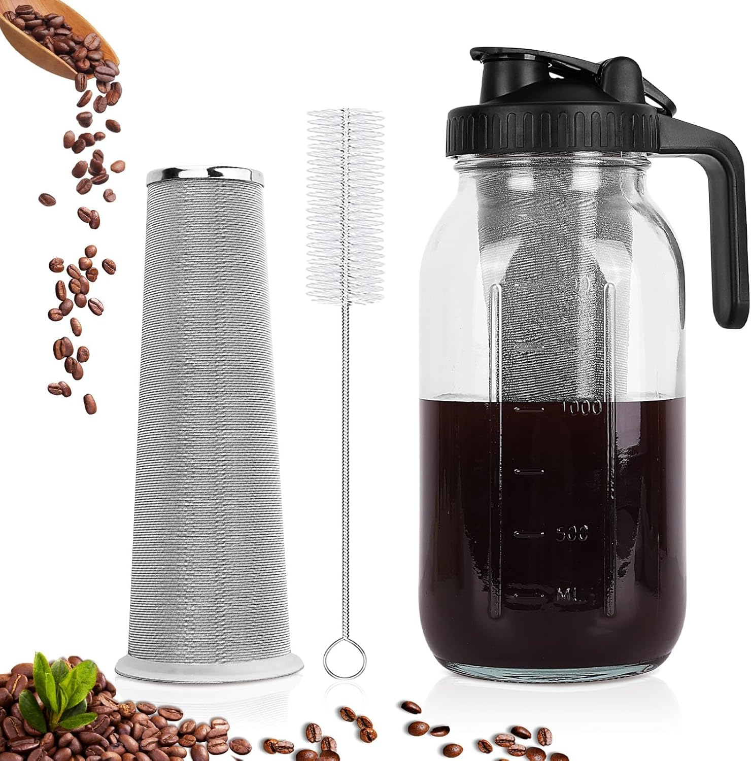 Cold Brew Coffee Maker, 64 Oz Wide Mouth Mason Jar Pitcher with Stainless Steel Filter, Pour Spout Handle Lid, Heavy Duty Glass Airtight (2L)