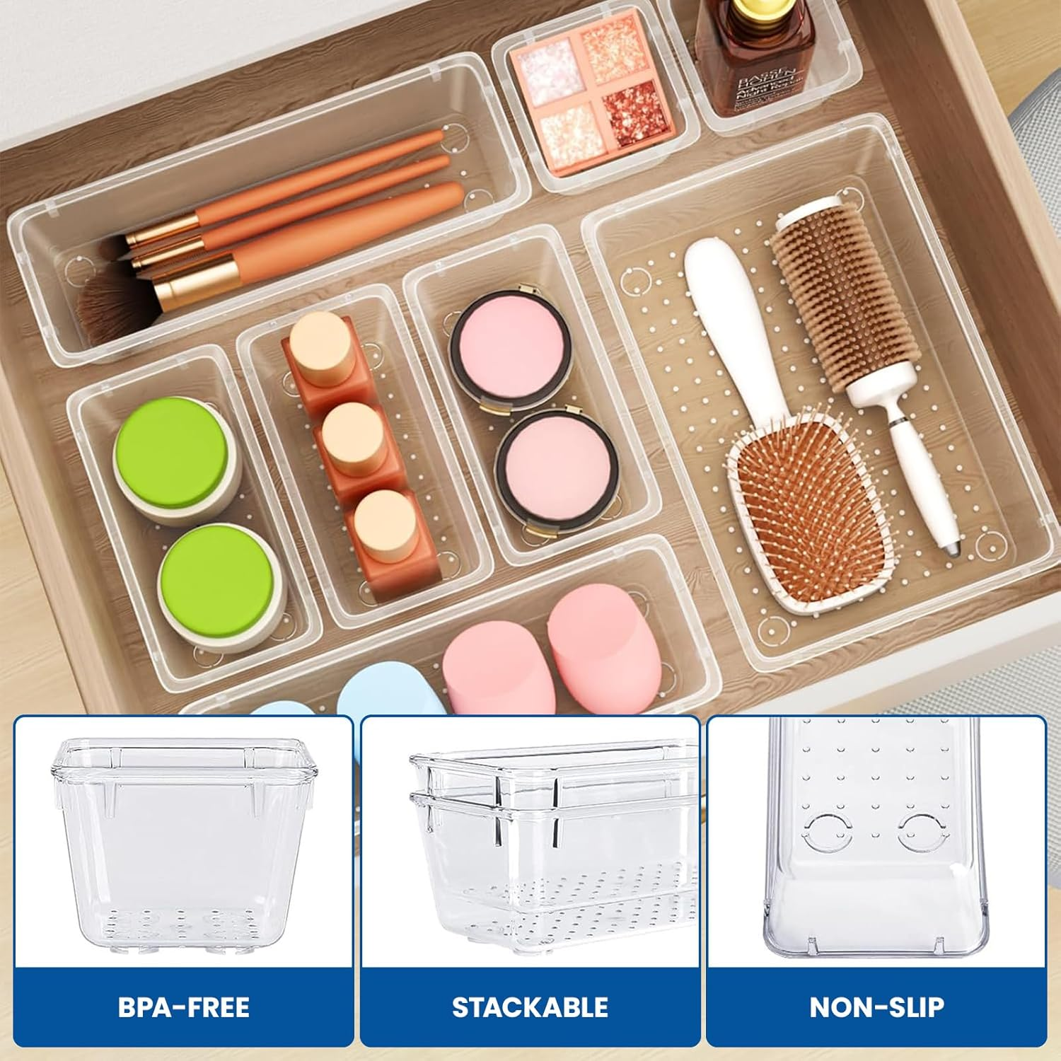 28 PCS Drawer Organiser Set, 4 Sizes Clear Plastic Desk Drawer Divider Organisers for Makeup, Jewelry, Non-Slip Vanity Organizer Trays for Kitchen, Bedroom, Bathroom, Office image number 4
