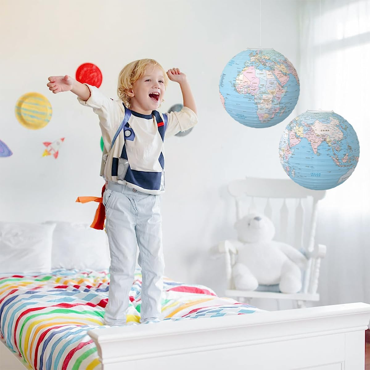 INFITE World Map Globes Hanging Paper Lantern Map Classroom Decorations Travel Themed Party Decorations 12 INCH Earth Day Decorations for Home Earth Theme Party Decor Supplies image number 5