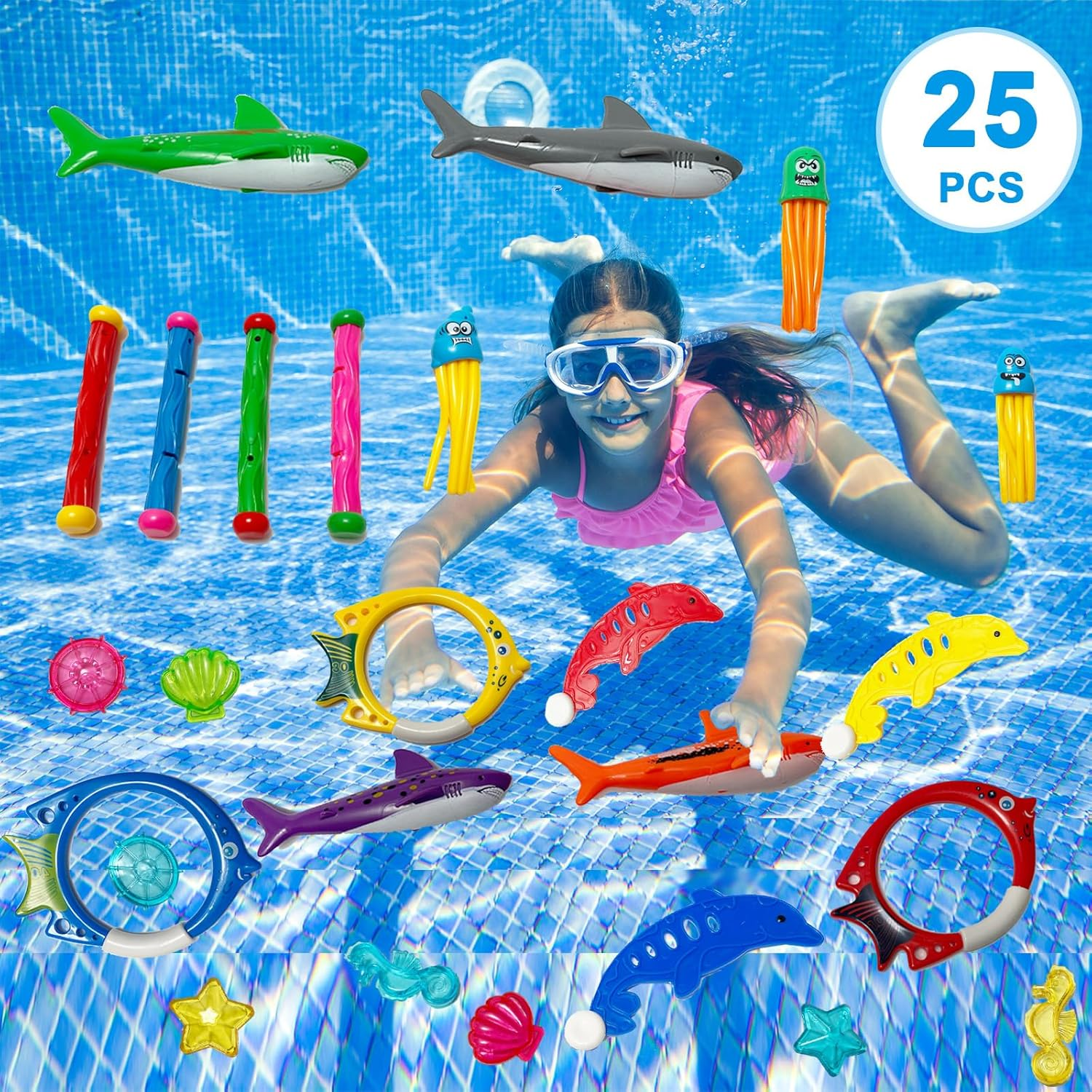 25Pcs Diving Pool Toys Set with Diving Stick Shark Diving Rings Gemstone Dolphin Underwater Swimming Pool Toys for Diving Game Kit with a Storage Net Bag image number 2