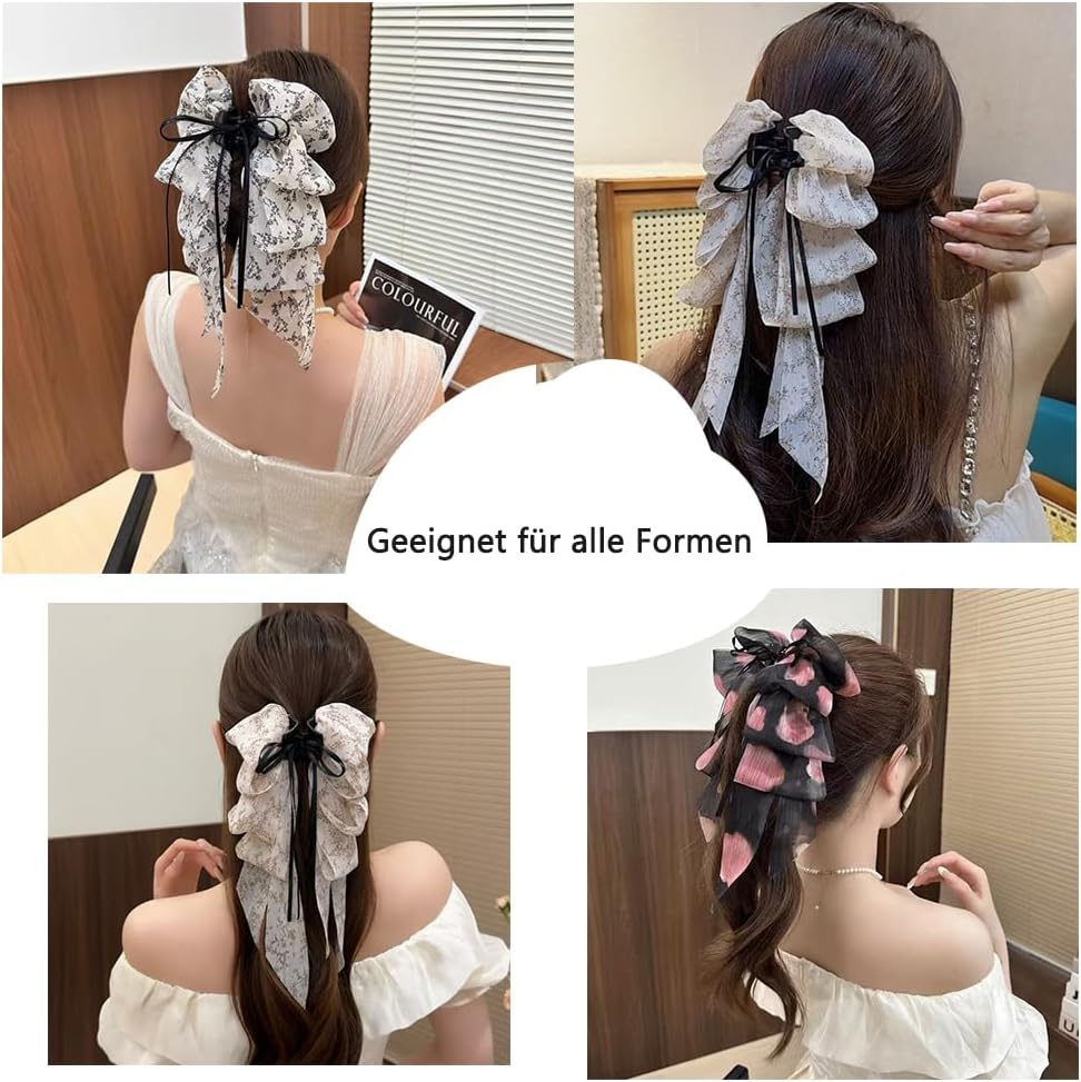Large Bow Hair Clips with Long Ribbon Soft Broken Chiffon Ponytail Holder Shape for Women (Pack of 1)
