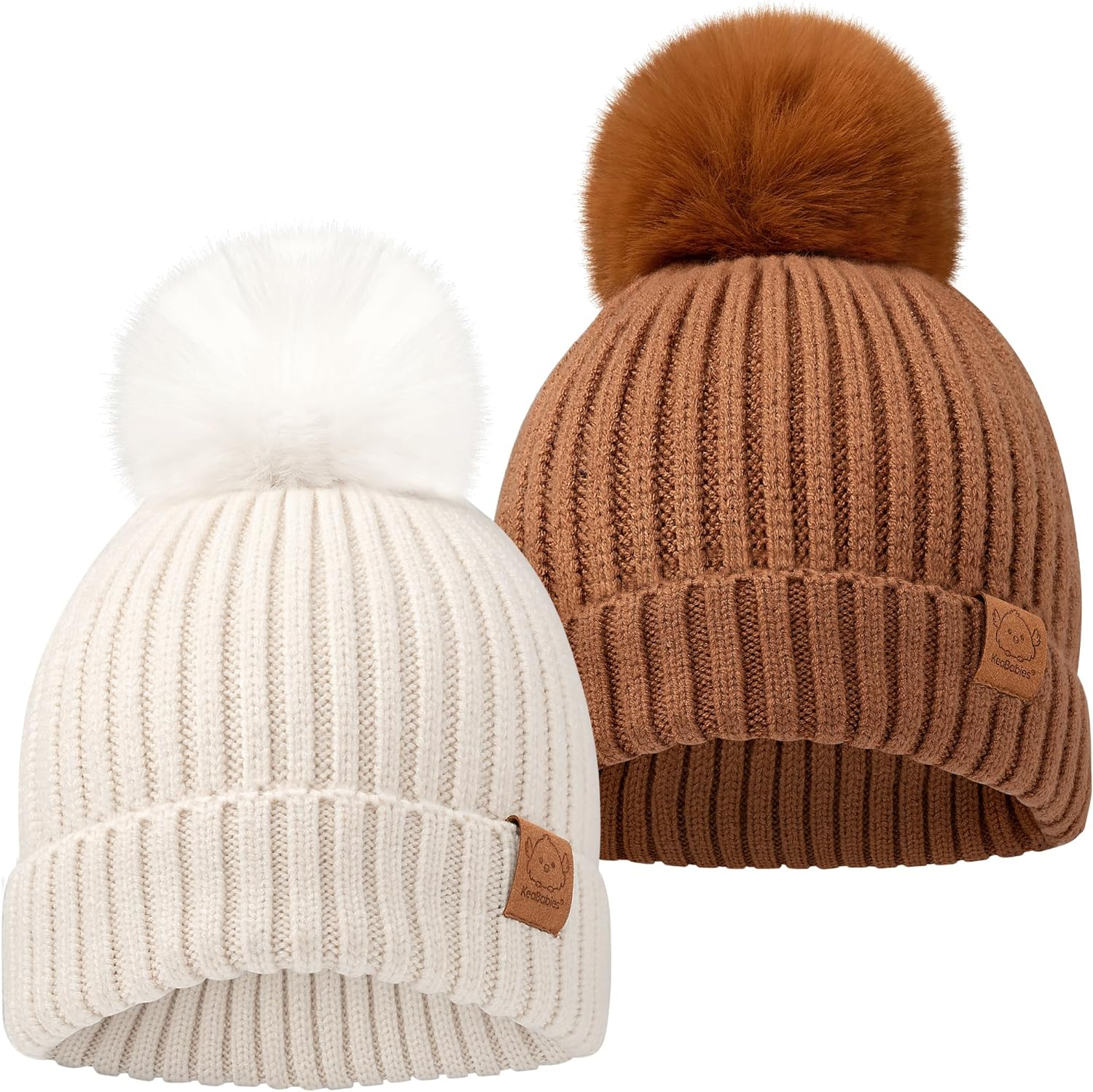 Keababies 2-Pack Baby Hats for Girls, Boys - Stretchy Baby Beanies, Cute Newborn & Toddler Winter Hat, Soft & Warm Pom Pom Beanie for Infant, Toddler, Boys, Girls 0-6 Months (Rust, S) image number 7