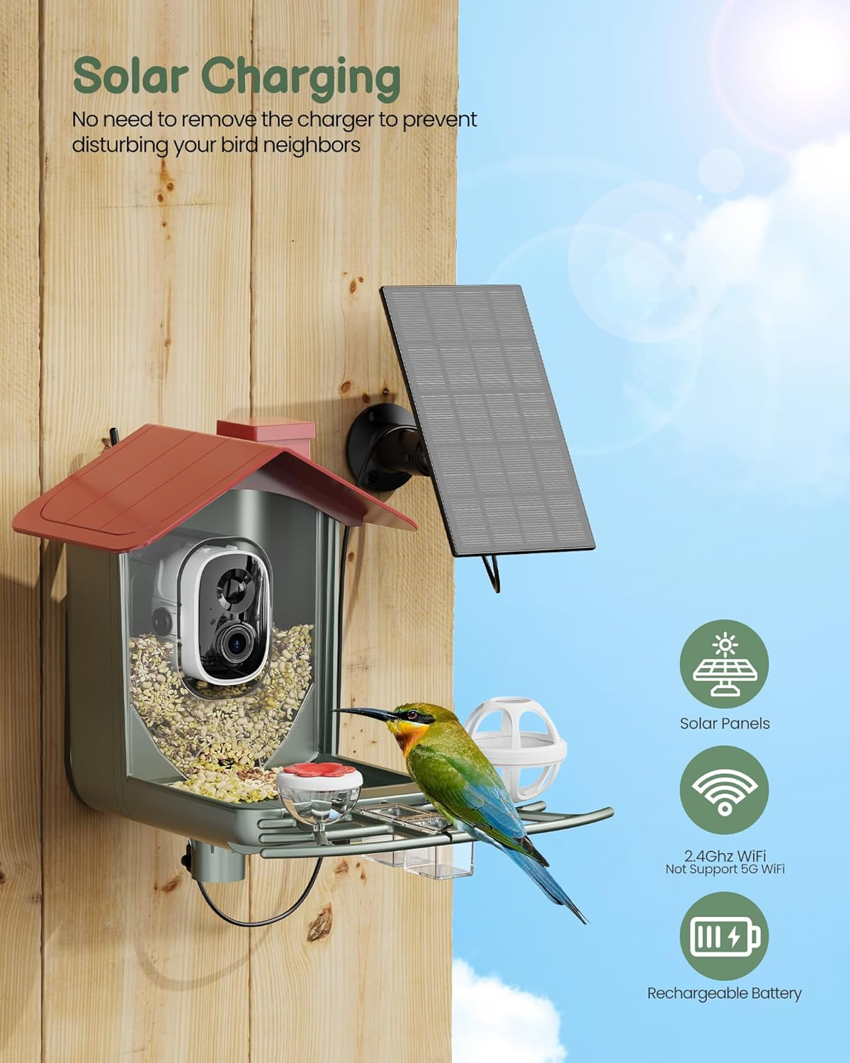 Bird Feeder with Camera Outdoor Solar: Smart Birdfeeder Cam for outside Garden - 2K HD Live Video Camera AI Recognition Visible Window Auto Capture - Bird Lover Gifts image number 2