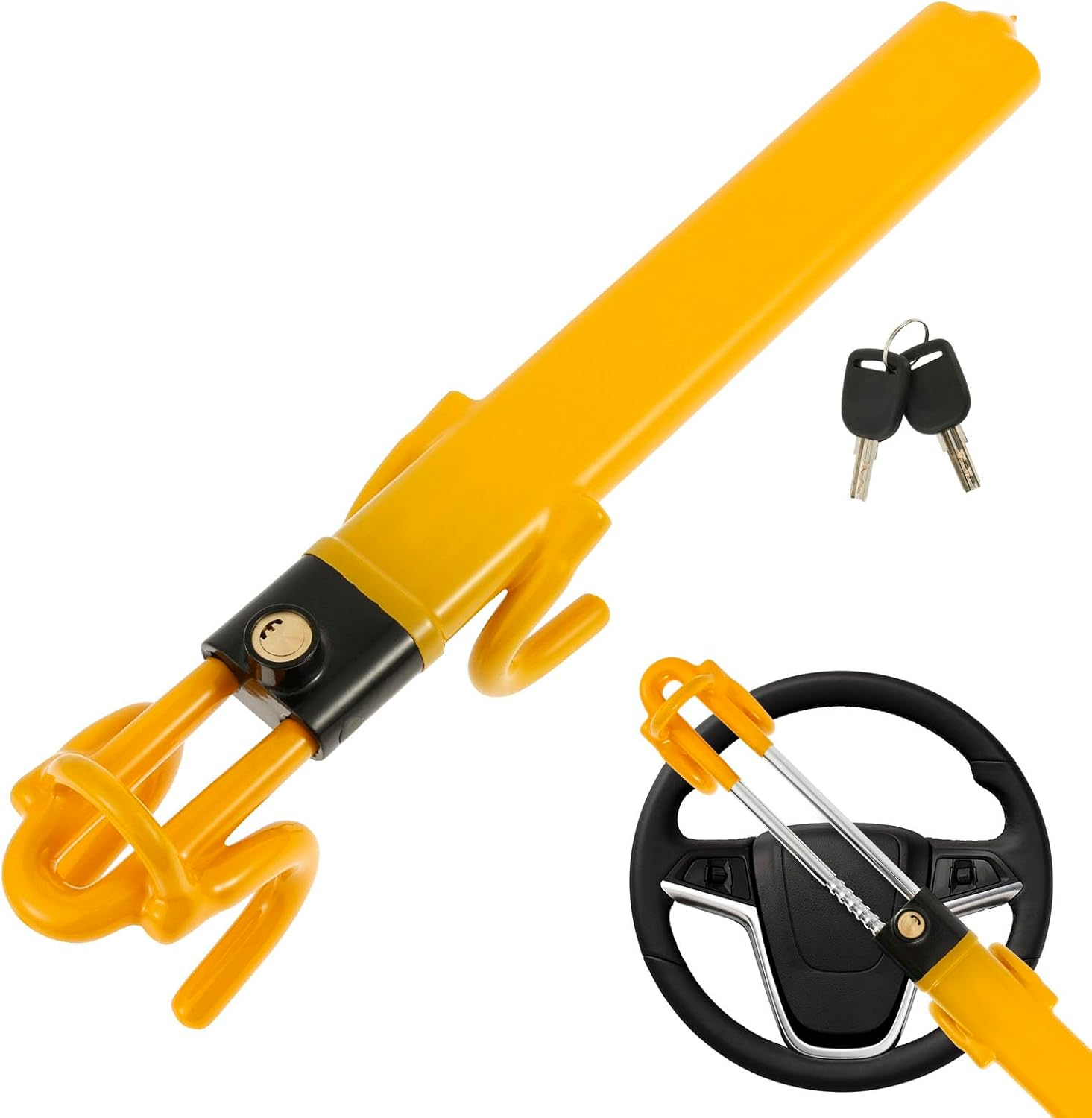 Steering Wheel Lock Anti-Theft Heavy Duty Car Device with 2 Keys Universal Car Steering Wheel Lock with Double Hooks Design Adjustable Length for Cars Trucks Vans and Suvs(Yellow, 1Pc) image number 1