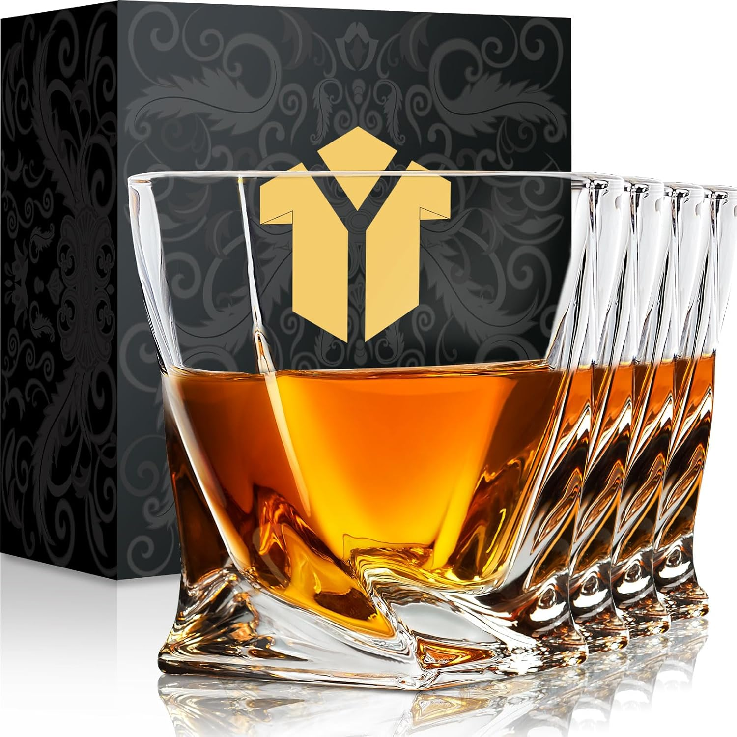 Twist Whiskey Glasses Set of 4, Crystal Lowball Rock Glasses with Gift Box, 10 Oz Old Fashioned Tumblers for Bourbon,Scotch,Cocktail Whisky (Classic 1)