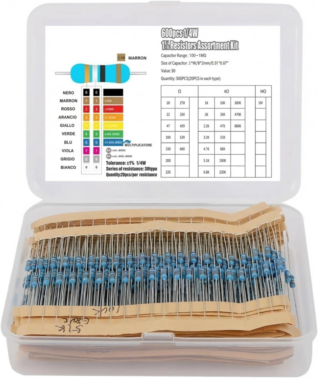 600 Pcs 1% Resistor Kit Assortment 1/4W Rohs Compliant 10 Ohm-1M Ohm Range High Precision Stable Performance for Electronic Repairs Hobbyist Projects DIY Electronics image number 3