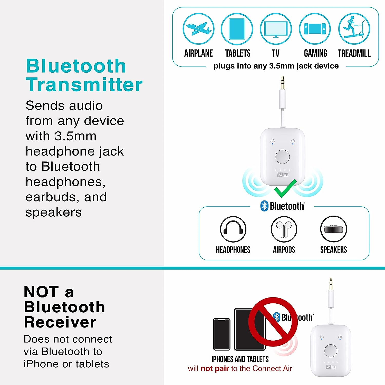 MEE Audio Connect Air In-Flight Bluetooth Wireless Audio Transmitter Adapter for up to 2 Airpods/Other Headphones; Works with All 3.5Mm Aux Jacks on Airplanes, Gym Equipment, Tvs, & Gaming Consoles image number 1