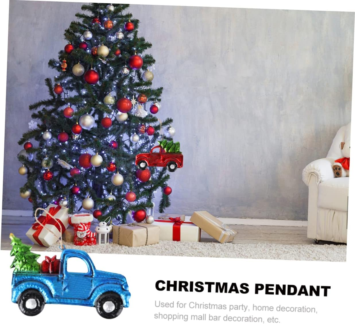 Ciieeo Christmas Car Pendant Iron Truck Hanging Ornament Blue Xmas Tree Hanging Decor Holiday Car Accessories Random Direction image number 5