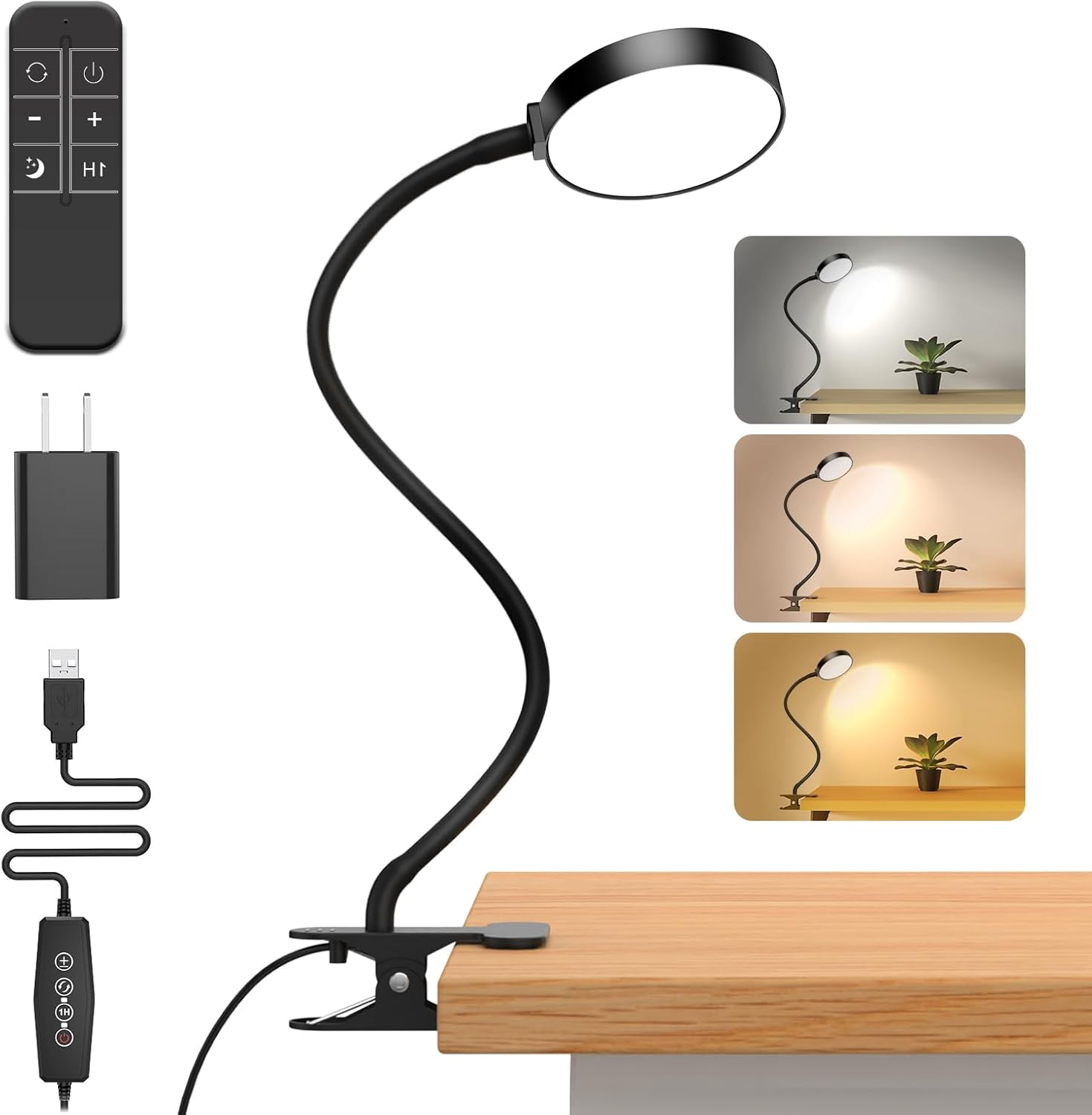 Reading Light with Remote, LED Desk Lamp Clip on [1H Timer & Nightlight] RA>95 Dimmable Flexible Gooseneck, USB Reading Lamp Clamp for Table - 3.5'' (Adapter Included) image number 1