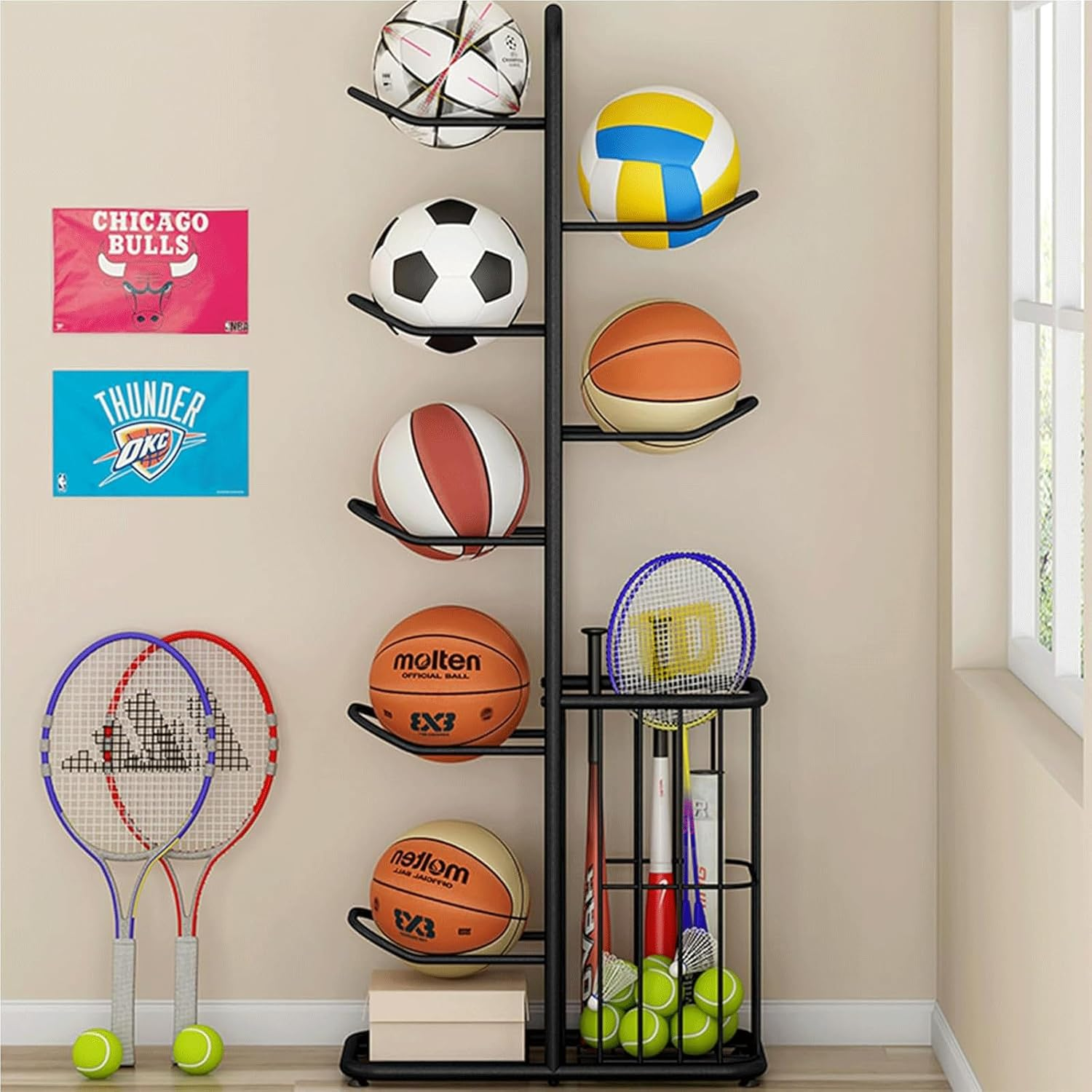 Basketball Storage Rack, Durable 5-Layer Cube Ball Storage Rack, Removable Garage Ball Storage, Vertical Sports Display Rack, Suitable for Volleyball Football, Basketball, Football, with Side Bin