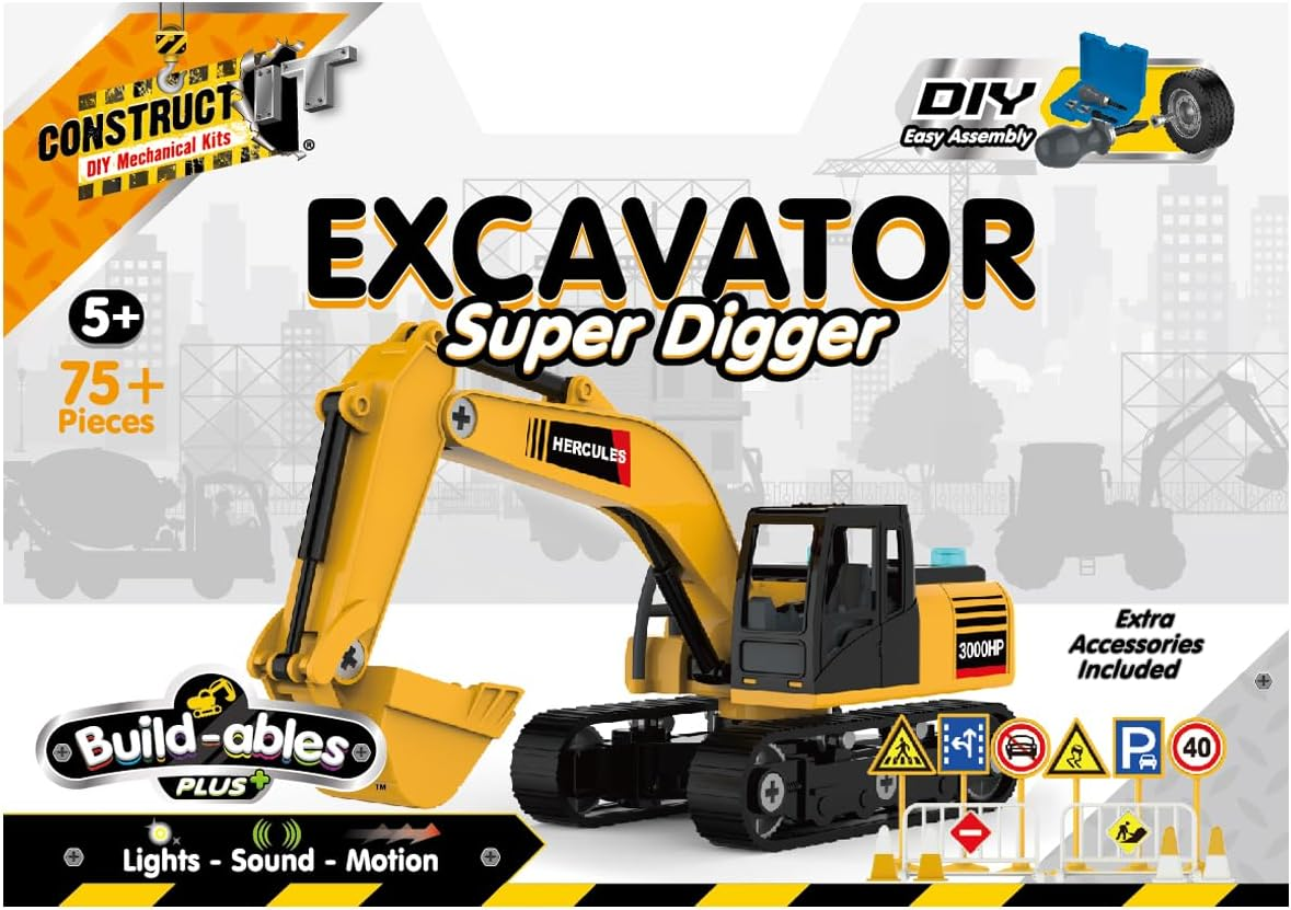 Construct IT Site Excavator Super Digger &ndash; 75-Piece STEM Construction Kit &ndash; Build Your Own Excavator Vehicle Model &ndash; Creative Engineering Toy for Kids Ages 5+