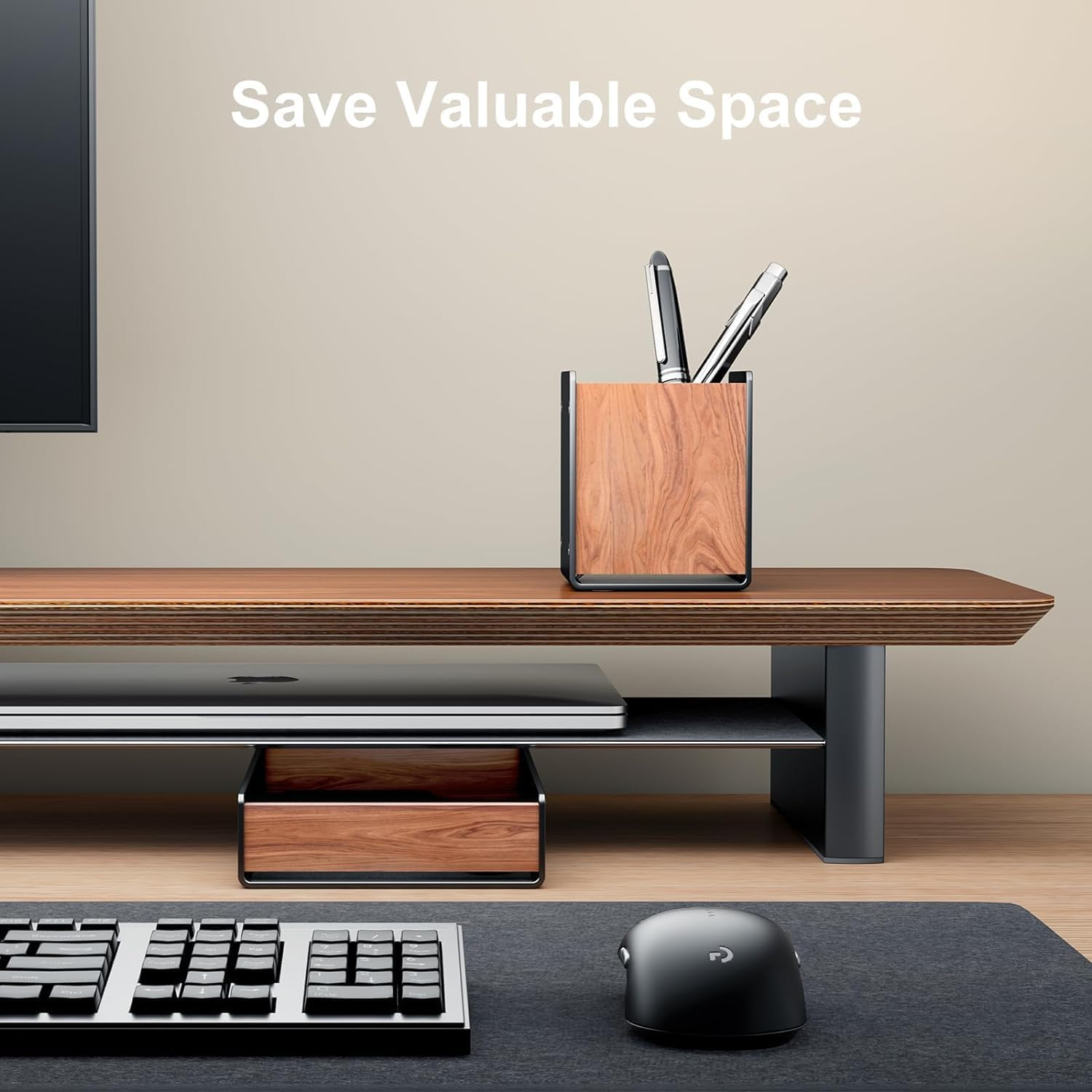 Walnut Wood Desk Tray with Pen Holder Set, Natural Wooden & Aluminium Desk Office Draw Organizer Tray for Keys, Pen, Watch image number 5