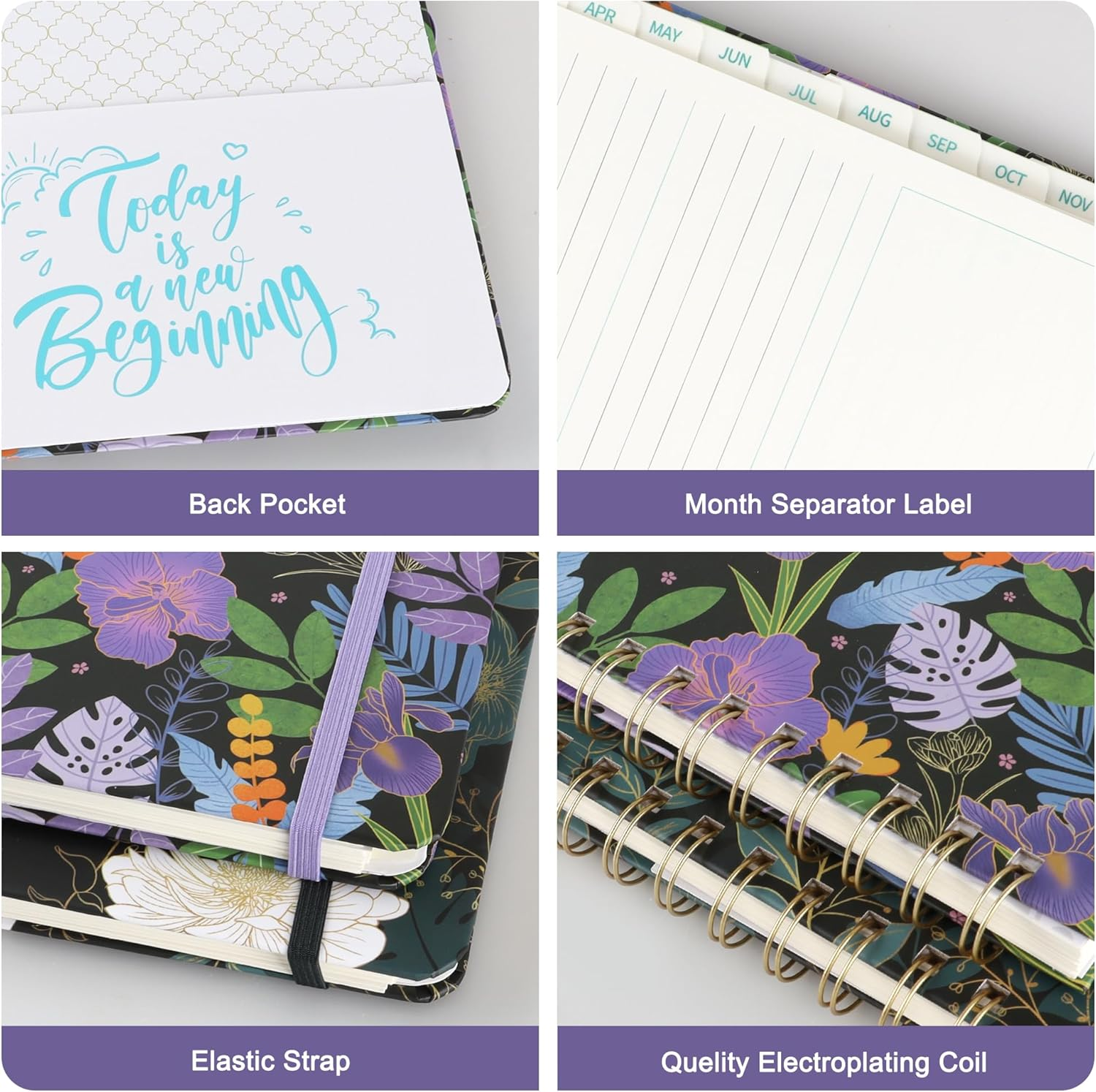 Junart 2026 Academic Diary A5 Week to View from January to December 2025 Weekly & Monthly Planner,Teacher Planner,Academic Year Diaries with Elastic Strap(Violet) - 2026 Epiphyllum image number 3