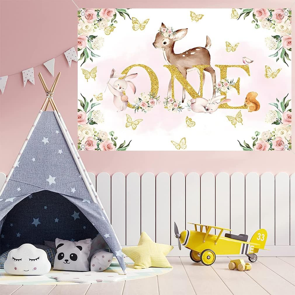 1St Birthday Decorations for Girls Happy 1St Birthday Backdrop Banner Party Happy 1 Year Old Fabric Sign Poster, Floral and Deer Background First Birthday Party Supplies, 150X90Cm