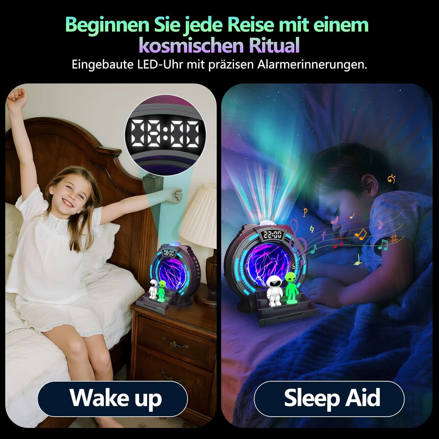 Galaxy Projector Starry Sky Projector Aurora Lamp with 8 Aurora Lights & 8 White Noise, Astronaut Projector with Plasma Ball, Bluetooth Speaker, Clock & Alarm Clock, Children