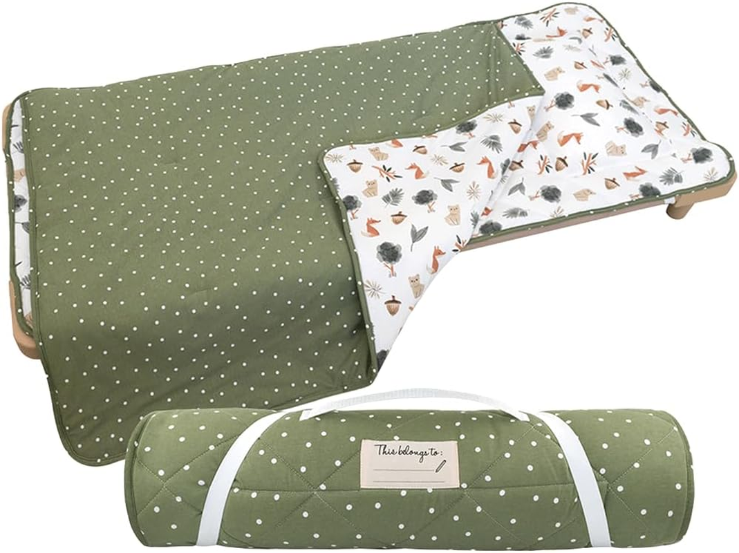 Living Textiles Deluxe Nursery Nap Mat - 100% Cotton Quilted Mat, Removable Blanket & Pillow, Rolls Compactly, Secure Elastic Loops, Machine Washable, Perfect for Daycare & Preschool (Forest Retreat) image number 3
