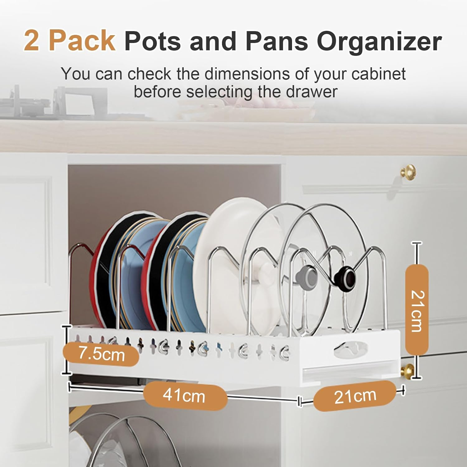 2 Pack Pots and Pans Organizer under Cabinet, Pull-Out Pots and Pans Organizer, under Cabinet Pot Lid Holder, Adhesive Sliding Type Pots and Pans Storage with 9 Adjustable Dividers (White) - White image number 4