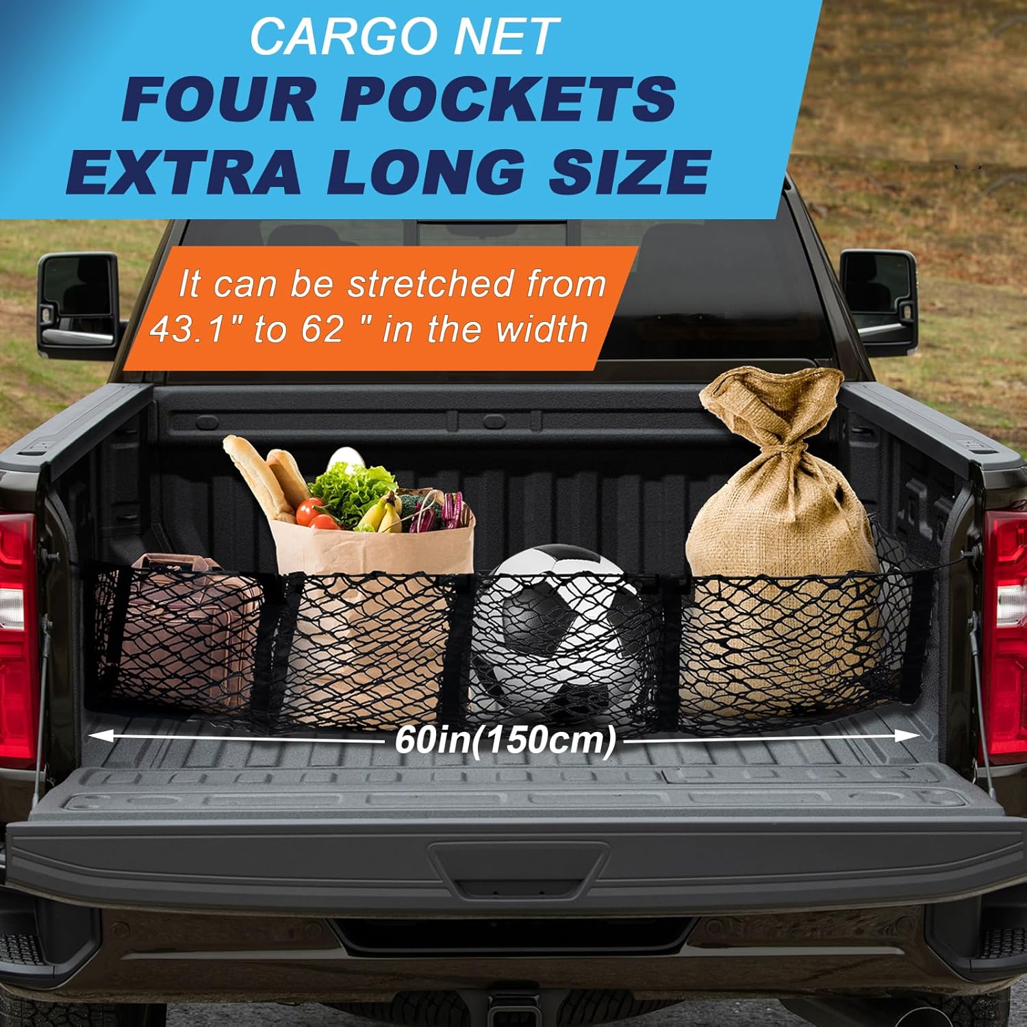 Holnunet Cargo Net for Pickup Truck Bed- 59" Adjustable Elastic Mesh Cargo Net, Car Rear Storage Organizer with 4 Carabiners Accessories, Heavy Duty Cargo Net for Pickup, Truck, SUV, M0003 image number 2