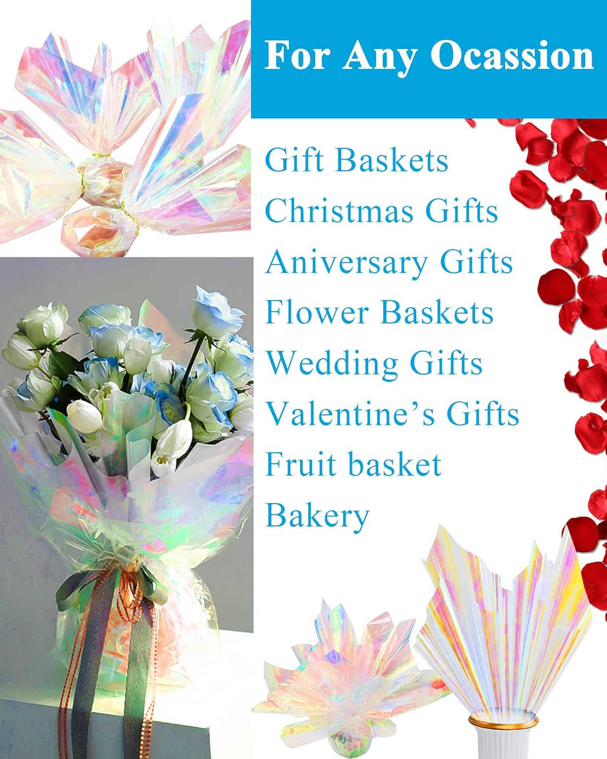 JOYIT 35 in X 50 Ft Iridescent Cellophane Wrap Roll &ndash; Iridescent Cellophane Roll, Rainbow Wrapping Paper for Flower Gift Baskets Wrap DIY Wrapping (35" Fold into 17.5") image number 2