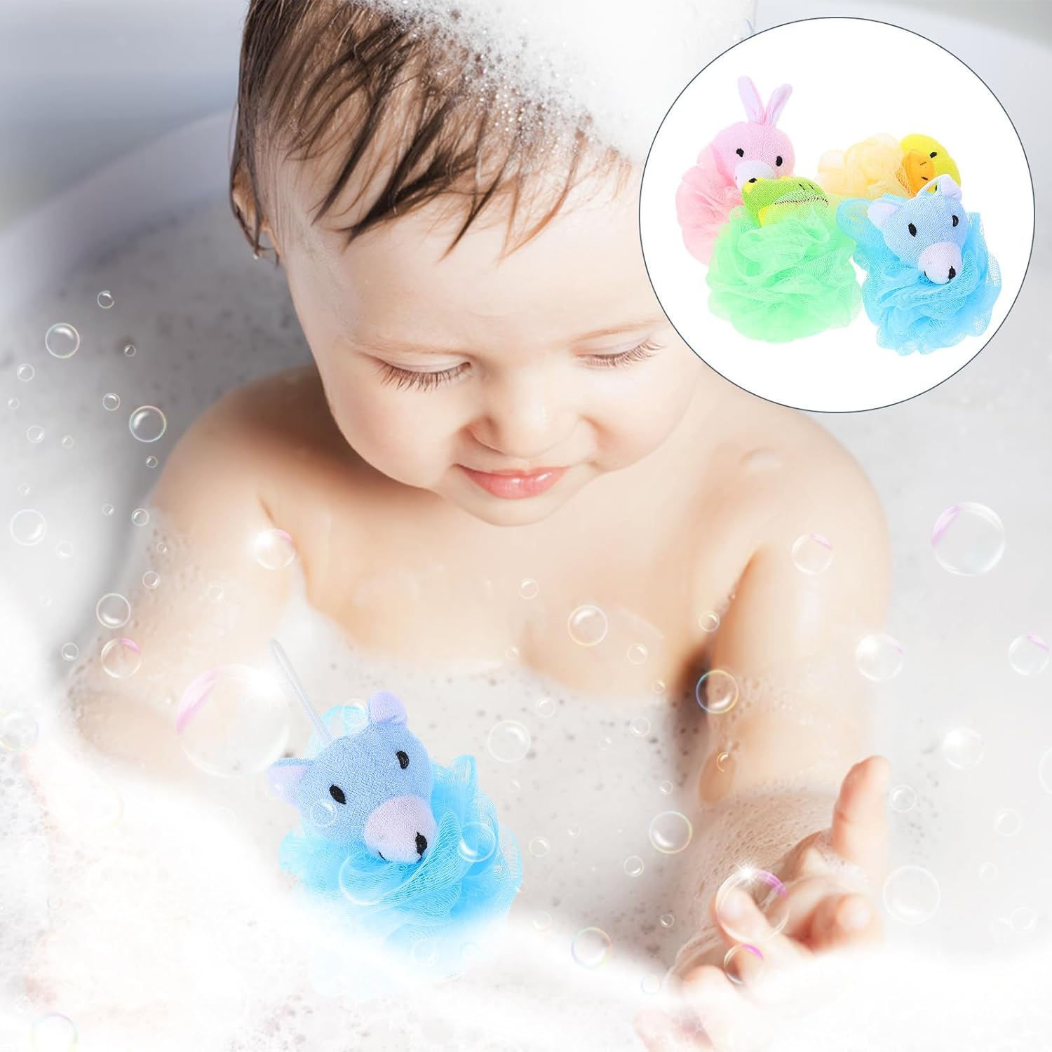 CIYODO 4Pcs Cartoon Animal Bath Loofah Sponge for Soft Exfoliating Shower Puff with Yellow Duck Pink Rabbit Green Bear Gentle Body Cleanser for Fun Bathing Experience