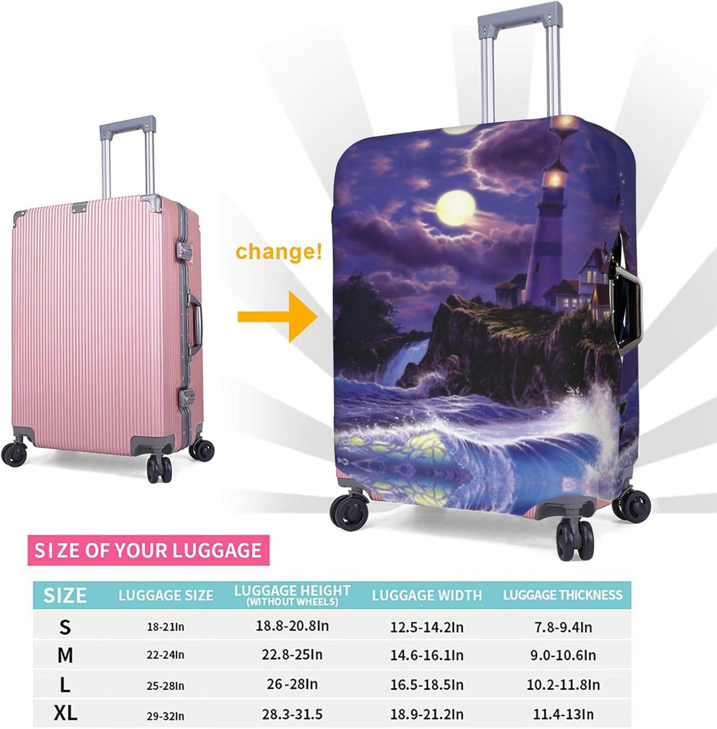 Navy Blue Sky and Stars Travel Luggage Cover,Washable Suitcase Cover Protector Anti-Scratch Suitcase Cover Fits 18-32 In, Moonlight Lighthouse, M image number 5