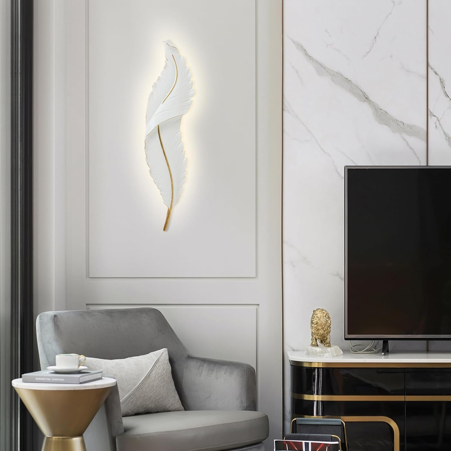 LED Feather Wall Sconce Nordic White Wall Light Living Room Wall Lamp, Creative Resin Wall Mount Lighting Fixture for Bedroom Restaurant Home Indoor Wall Wash Lights XXZ image number 6