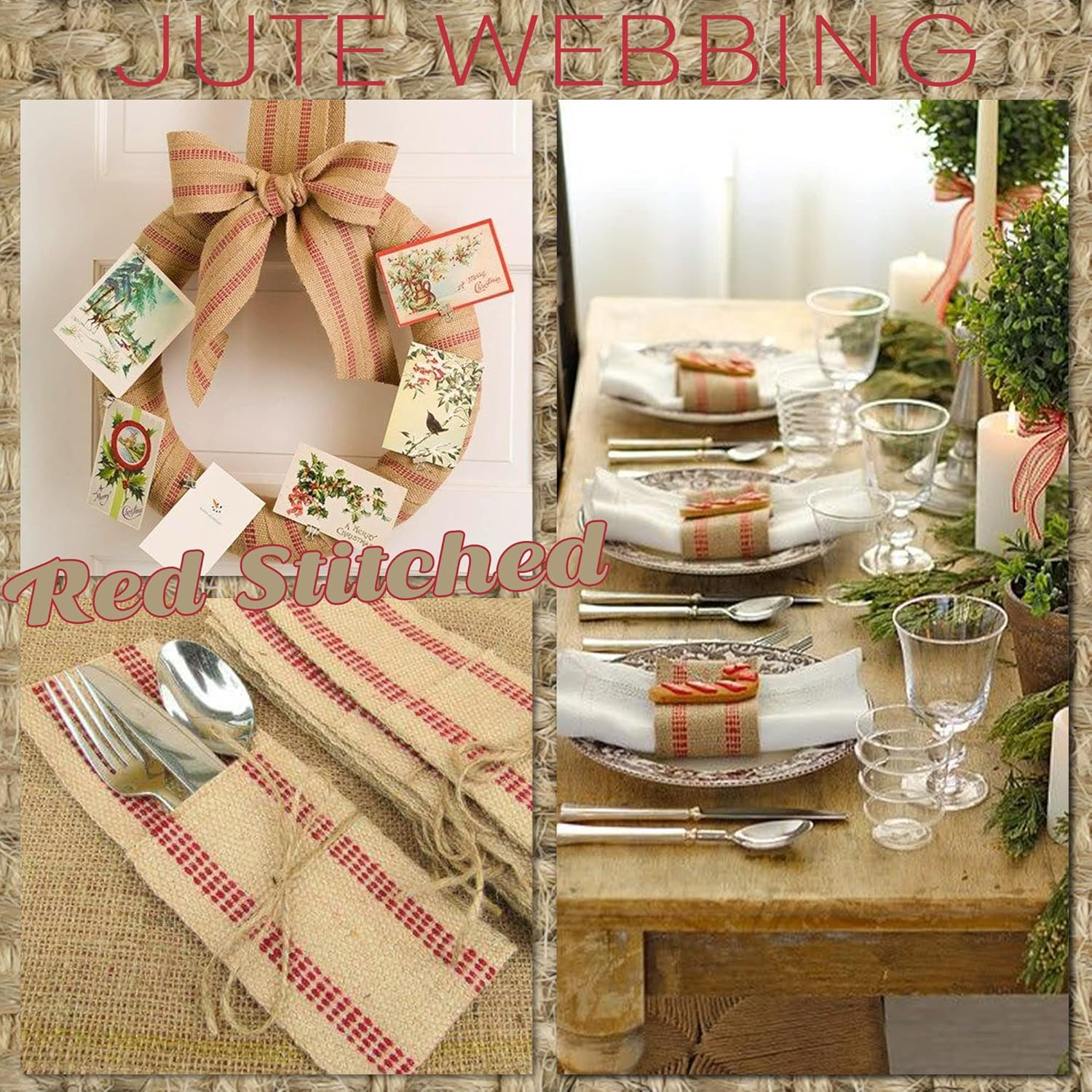 MEEDEE Red Jute Webbing 2 Inch Upholstery with Red Stitching - Heavy Duty Furniture Webbing for Chairs, Christmas Garland, Jute Wreath, Banner (10 Yards) image number 6