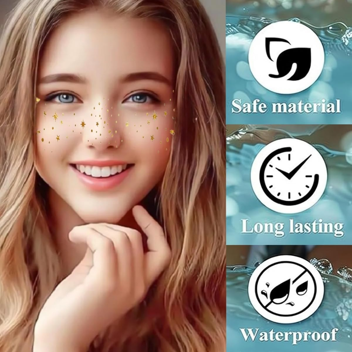 HIDOSNG 6PCS Glitter Freckles Face Tattoo, Gold Star Sparkle Freckles Makeup Patches(Gold05) (Gold07) image number 3