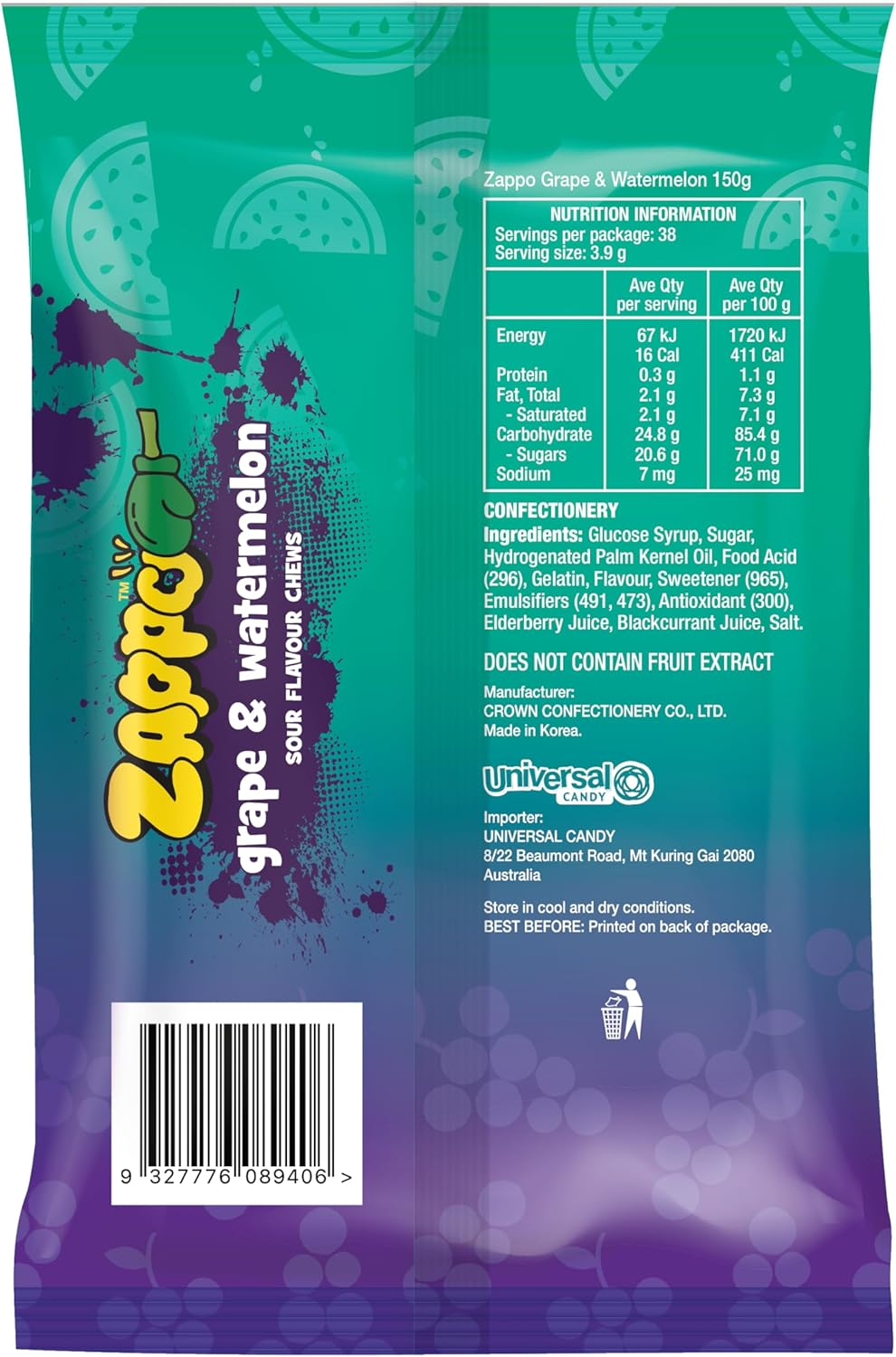 Zappo Grape and Watermelon Sour Chews 150 G Bag Chewy Lollies for Snacking and Lolly Bags image number 4