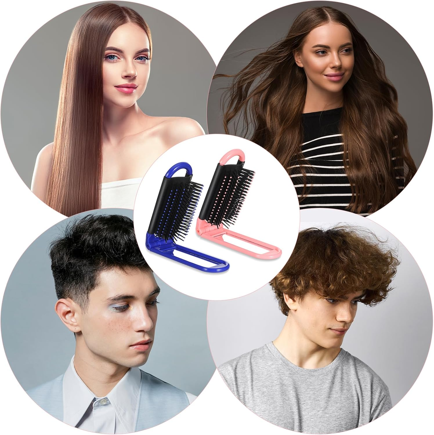 Classicseali Pack of 2 Foldable Hair Brush, Travel Brush, Foldable with Mirror, Folding Comb, Folding Brush, Mini Hair Brush for Men and Women, Portable Hair Styling Tools (Pink, Blue) image number 1