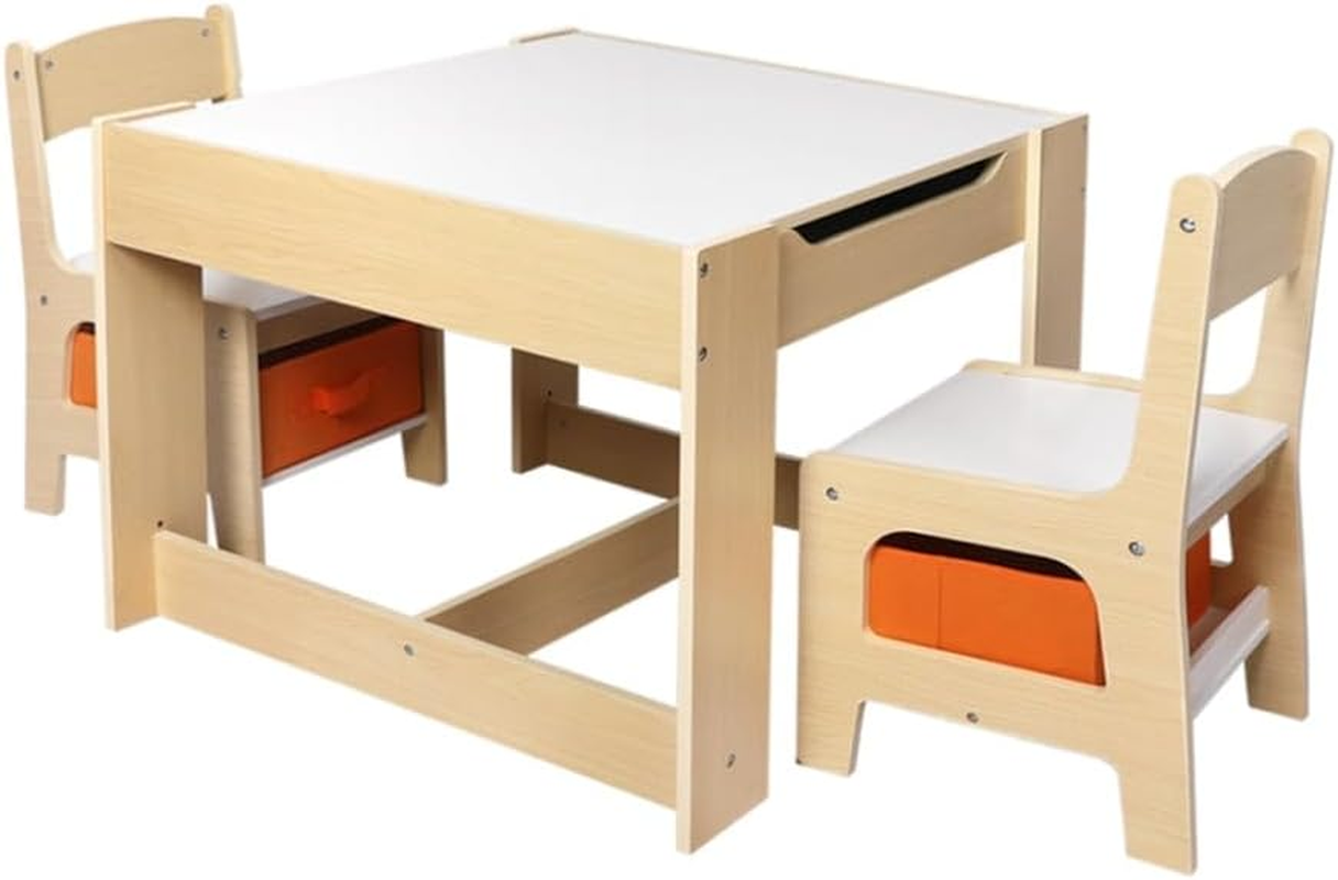 Bopeep Kids Table and Chair Set Storage Box Toys Play Activity Desk Wooden Study Toddler Double-Sided Chalkboard Detachable Tabletop 3 in 1 Wood Arts (1 Table+ 2 Chairs, Grey)