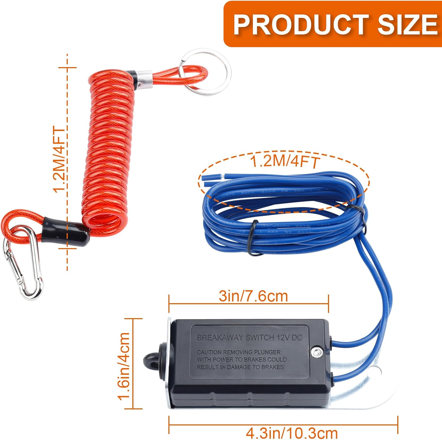 Risornda Trailer Breakaway Switch, 4FT Trailer Breakaway Coiled Cable with Electric Brake, Brake Switch for Trailer Brake 12V, Suitable for RV Towing Trailer image number 5