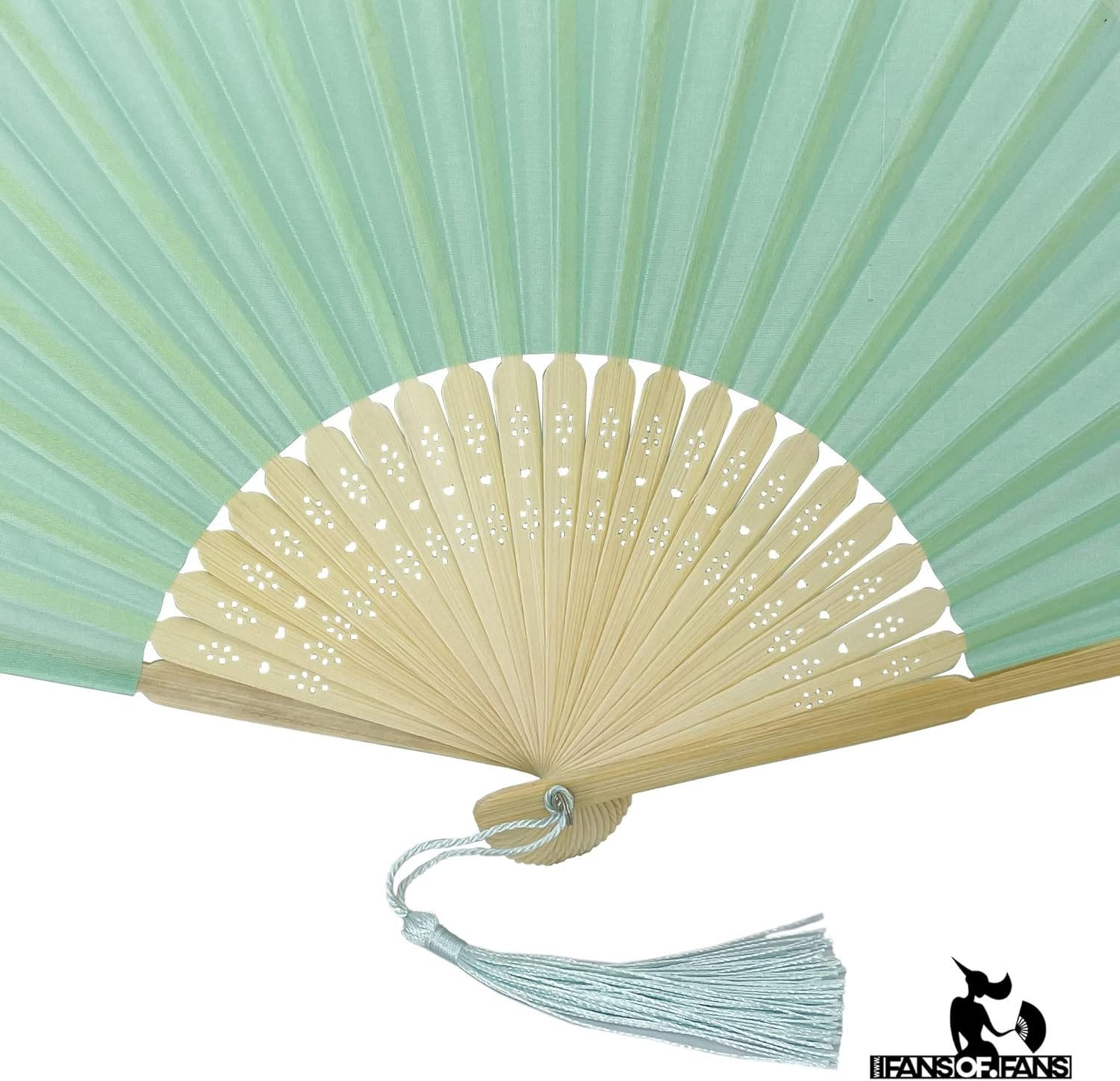 FANSOF.FANS Pack of 10 Fabric Handheld Fan with a Tassel Grade a Bamboo Ribs Party Wedding Favour (Light Turquoise) image number 5