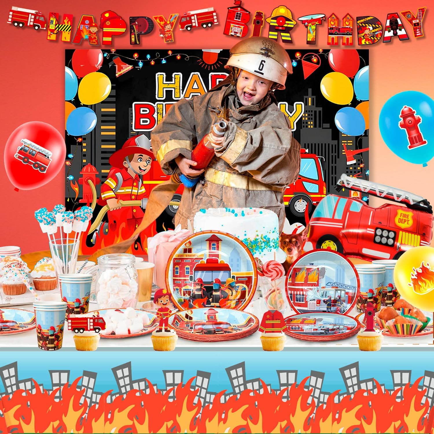Fire Truck Birthday Party Supplies, Firetruck Birthday Decorations Tableware Set Fire Truck Party Plates Cups Napkins Firefighter Themed Balloon Backdrop Etc Fire Truck Party Supplies image number 1