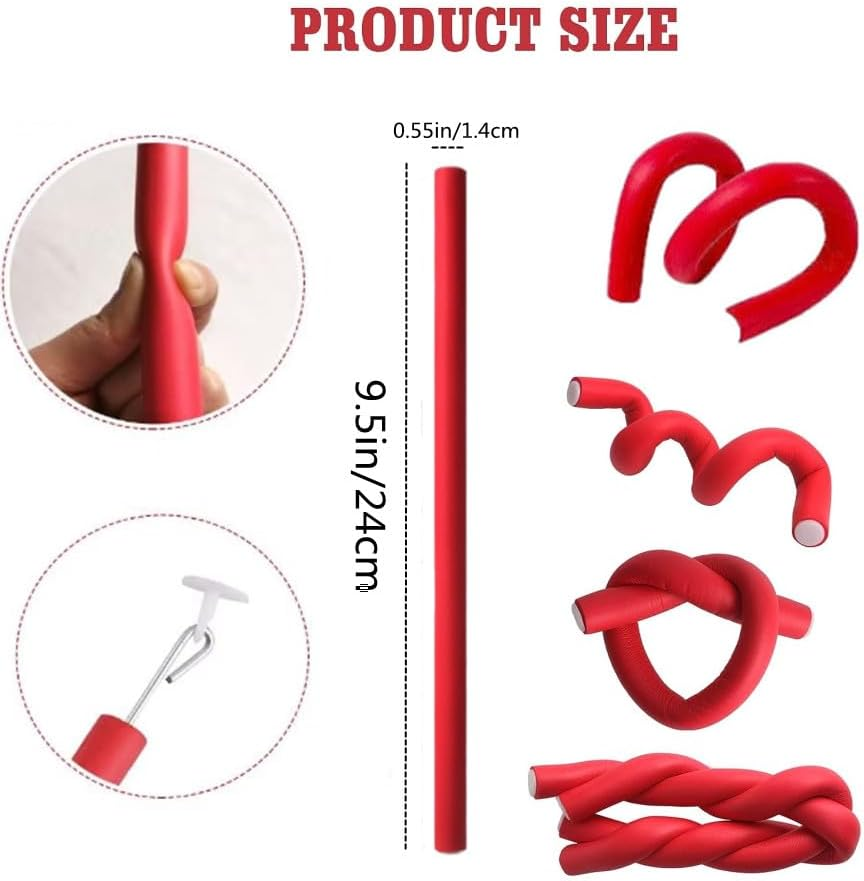10 Pcs Heatless Hair Curler Flexible Curling Rods,Heatless Curls Rods Soft Twist Foam Hair Rollers for DIY Hair Styling Hair Salon Short, Medium and Long Hair(Red 0.55 * 9.5 Inch) image number 2