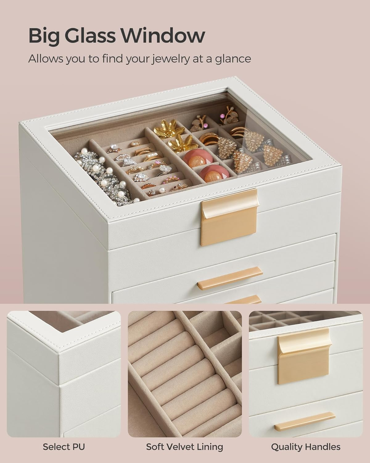 SONGMICS Jewelry Box Organizer with Glass Lid, 6-Layer Jewelry Storage, with 5 Drawers, Modern Style, 8 X 9.1 X 9 Inches, Cloud White and Gold Color JBC176W01 image number 4