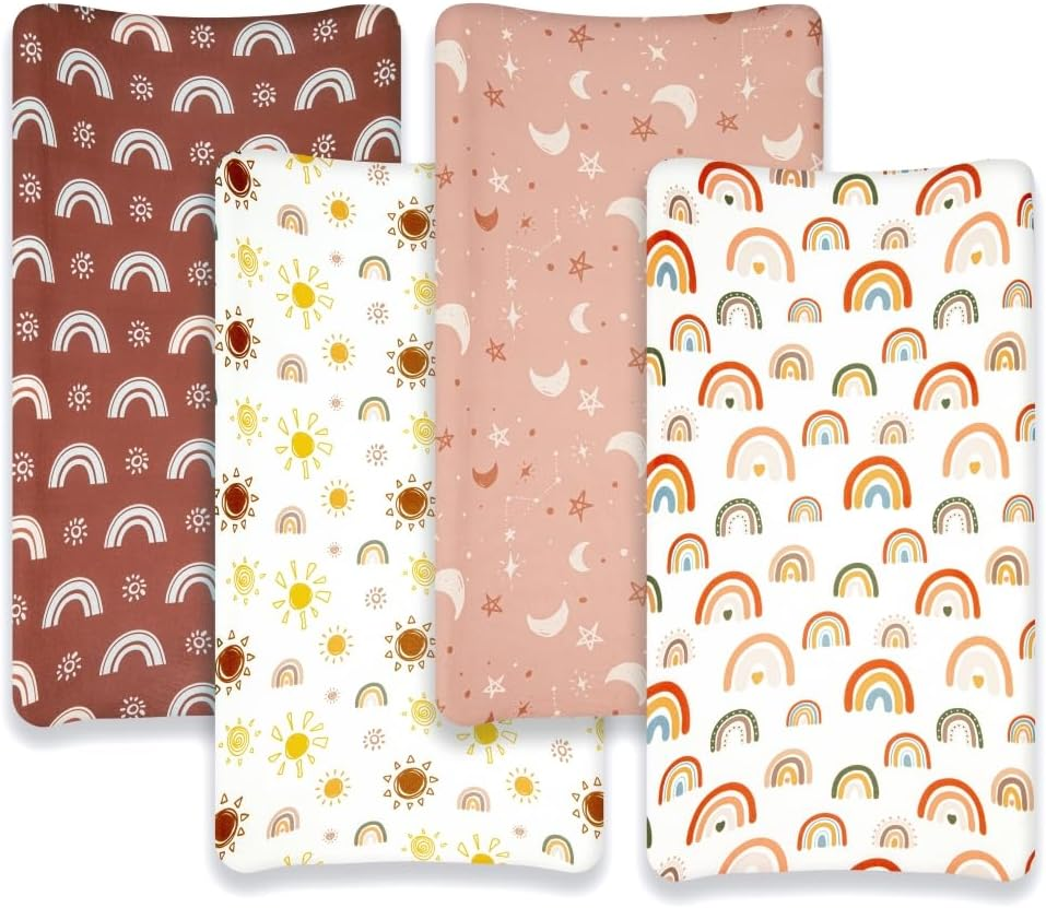 4 Pack Boho Nursery Sheets - Sunshine and Rainbow Design, Neutral Unisex Fitted Baby Changing Pad Cover Sheets for Baby Boys or Girls image number 5