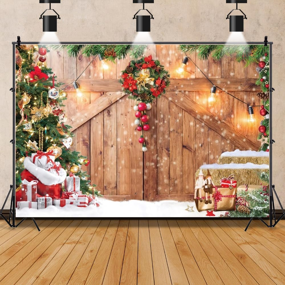 10X8Ft Christmas Barn Wood Door Backdrop Xmas Tree Rustic Wooden Snow Winter Wall Floor Party Photo Background for Holiday New Year Party Banner Family Holiday Party Supplies image number 2