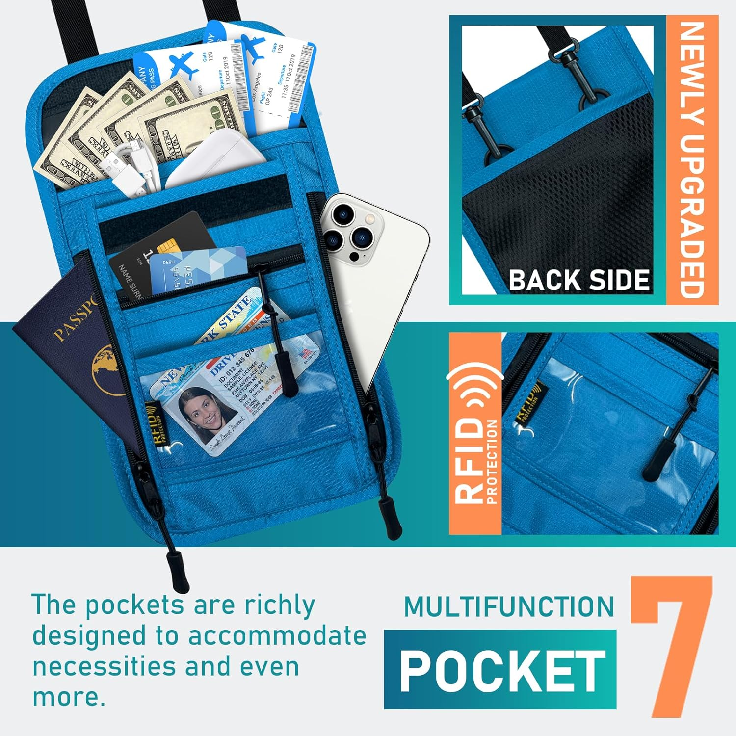 Sundee Travel Neck Wallet with Double Zippers, RFID Blocking Passport Holder with Adjustable Neck Strap for Men and Women to Keep Cash, Credit Cards and Travel Documents Safe, Lake Blue, S, Classic - Black image number 5