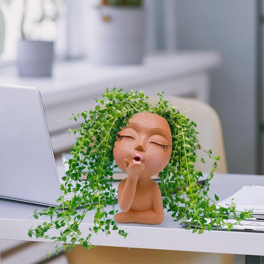 Eylbkey Brown Resin Handcrafted Cute Flower Pot, Suitable for Indoor and Outdoor Use, with Drain Hole and Anti-Friction Pads - White image number 6