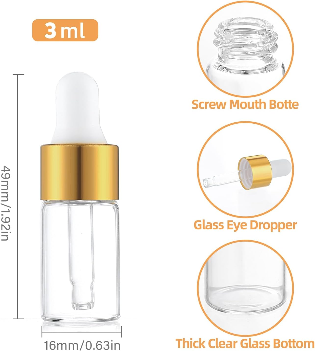 Pipette Bottle 3 Ml, Pack of 50 Mini Pipette Bottles, Drip Pipettes Glass for Essential Oils, Body Oils, Liquids, Includes Pipette and Funnel - 3Ml image number 5