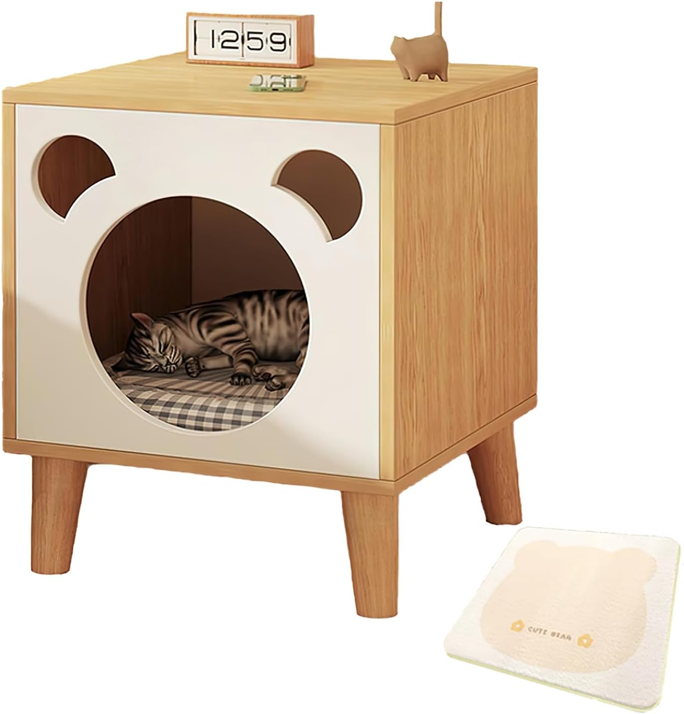 XXYSPT Modern Cat House End Table with Pet Cushion, Wooden Cat Furniture, Dual-Color Wooden Enclosed Cat Condo Nightstand, Indoor Pet Furniture for Cats and Small Dogs &ndash; 40 X 40 X 50 Cm