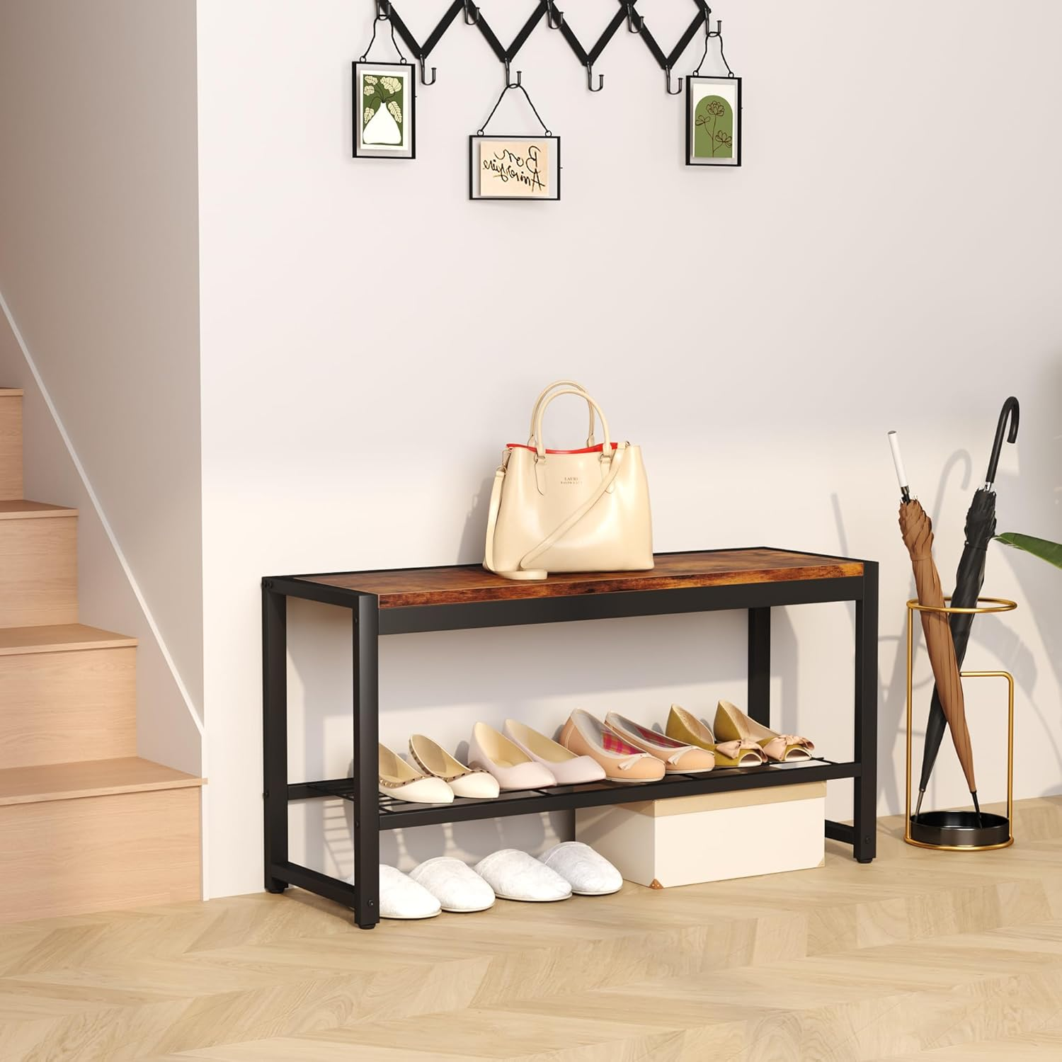 HOMEFORT Shoe Bench, Modern Industrial Shoe Storage Bench, Entryway Bench with Mesh Shelf and Sturdy Metal Frame, Metal Shoe Rack with Durable MDF Top for Hallway, Mudroom, Living Room, Rustic Brown image number 2